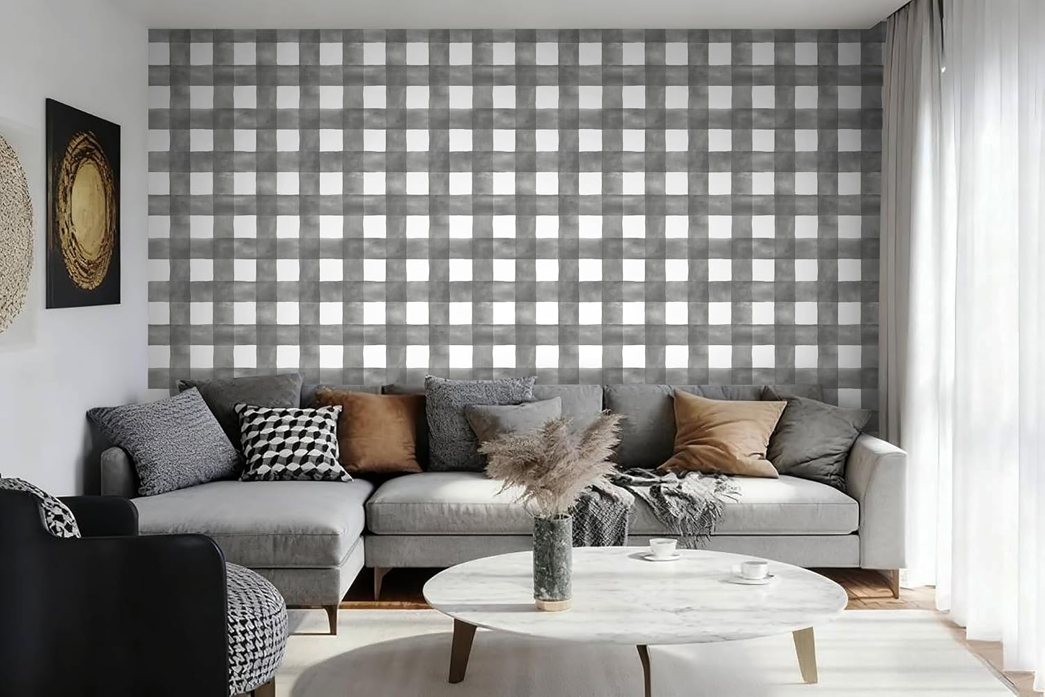 Grey Wallpaper Peel and Stick Plaid Modern Wall Paper Checkered / 17.3 x 78.7 / Grey and White