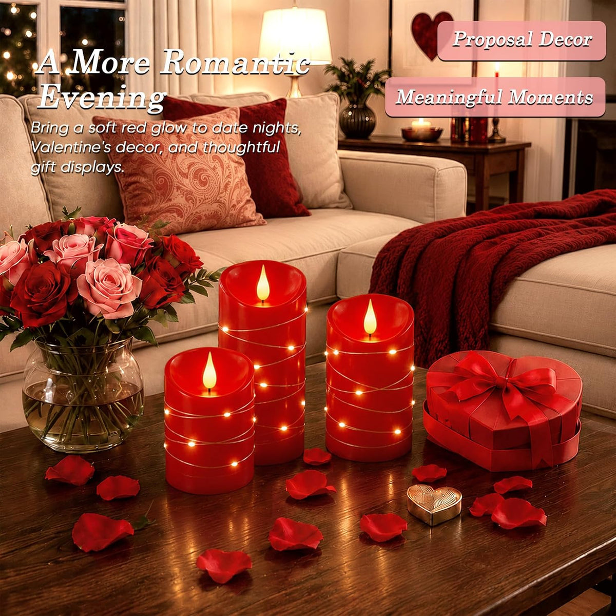 Homemory Red Flameless Candles with String Lights, 3 Pack Real Wax LED Pillar Candles with 3D Wicks, Battery Operated