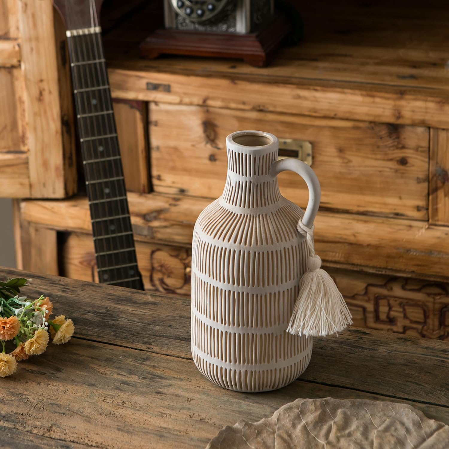 Farmhouse Vase / Grey Yellow Vertical Stripes Design Clay Vase 10'' Tall / Gray - Long