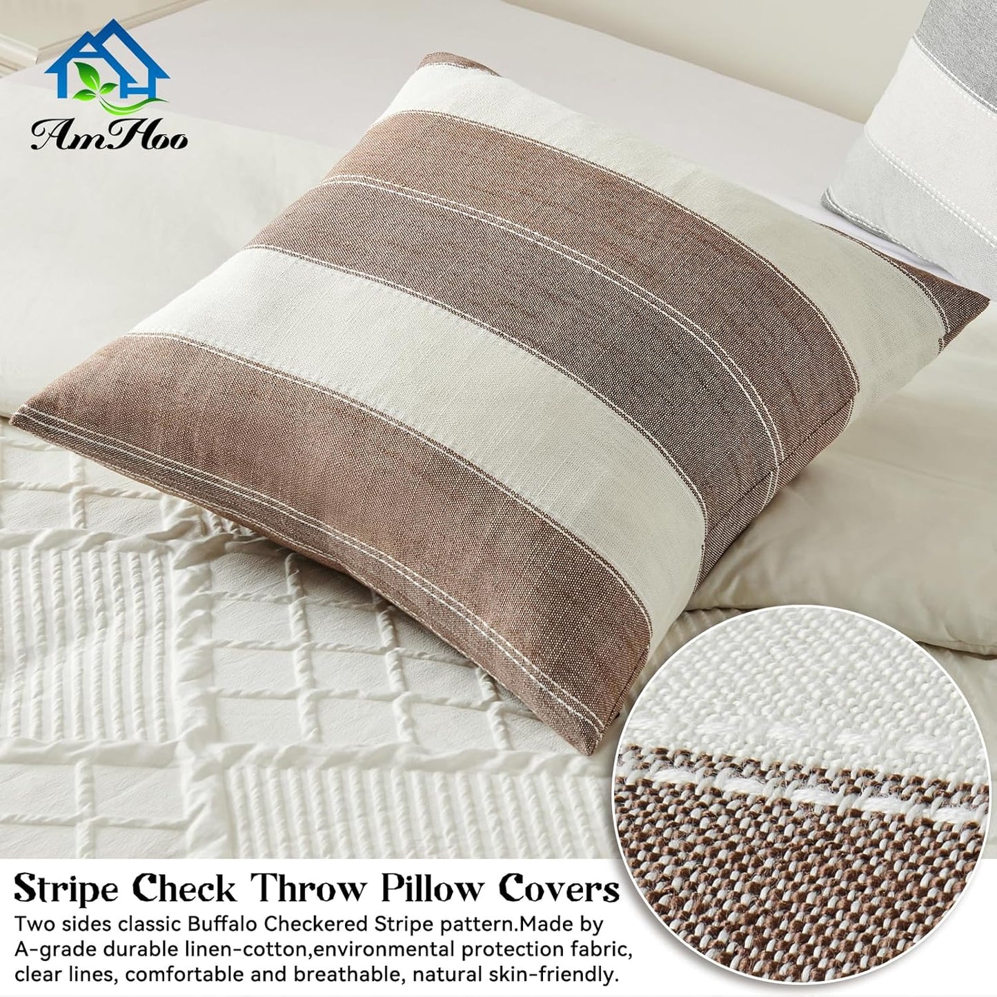 Farmhouse Stripe Check Throw Pillow Covers Set Case Cotton Linen / 18 x 18 / Brown / Set of 2