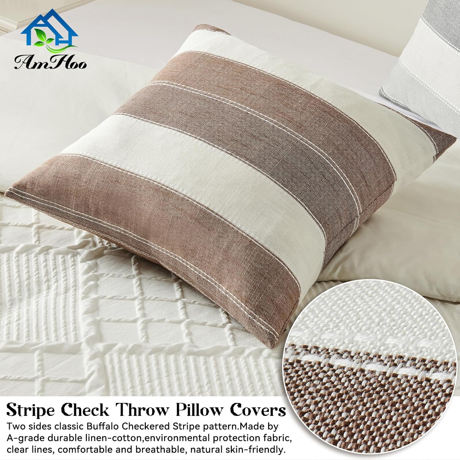 Farmhouse Stripe Check Throw Pillow Covers Set Case Cotton Linen / 18 x 18 / Brown / Set of 2