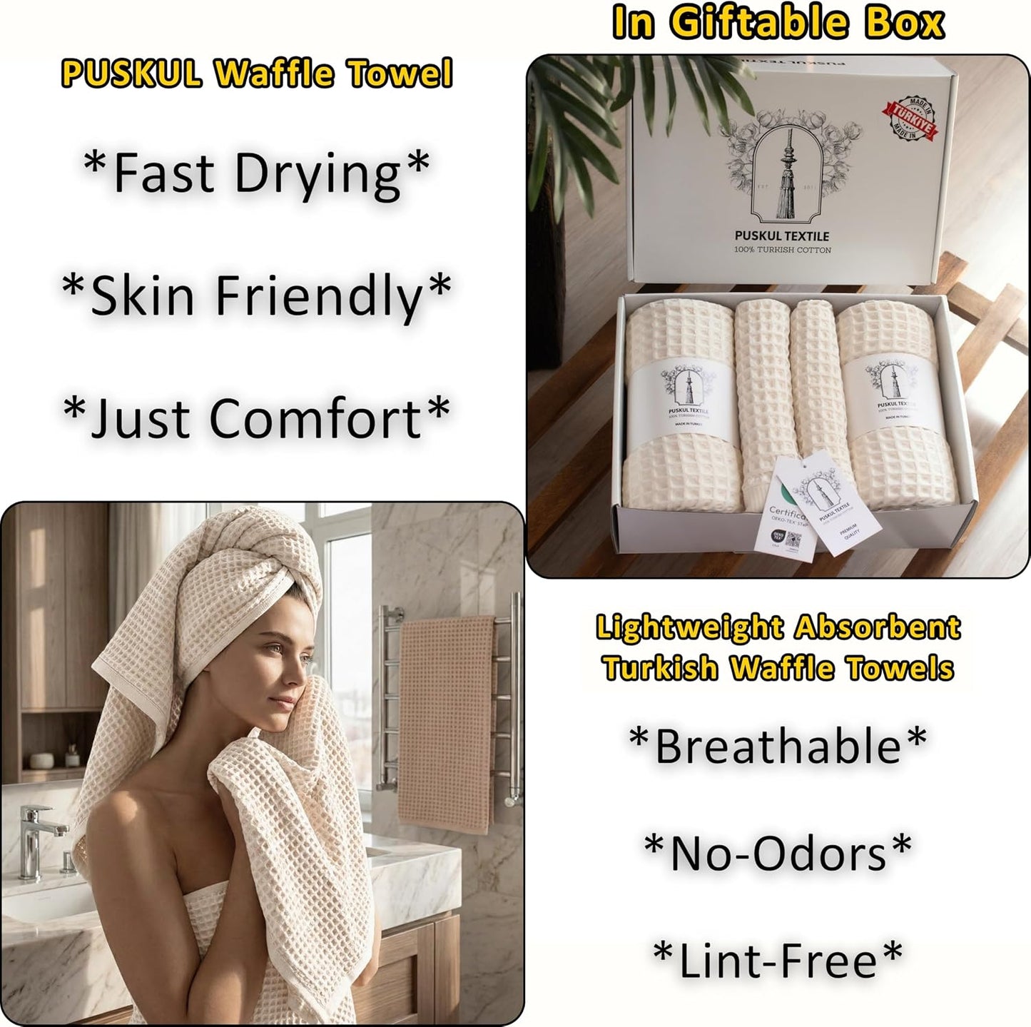 PÜSKÜL Raw-Undyed Natural 100% Turkish Cotton Waffle Towels Set of 4-Piece | 2-Bath sheet (Extra-large 32x63") and