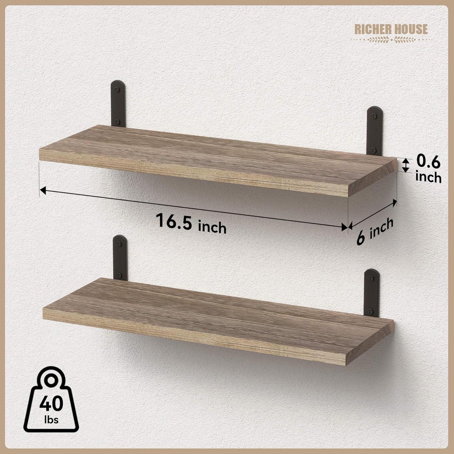 Rustic Wood Shelves / Carbonized Black / 16.54in / Set of 2