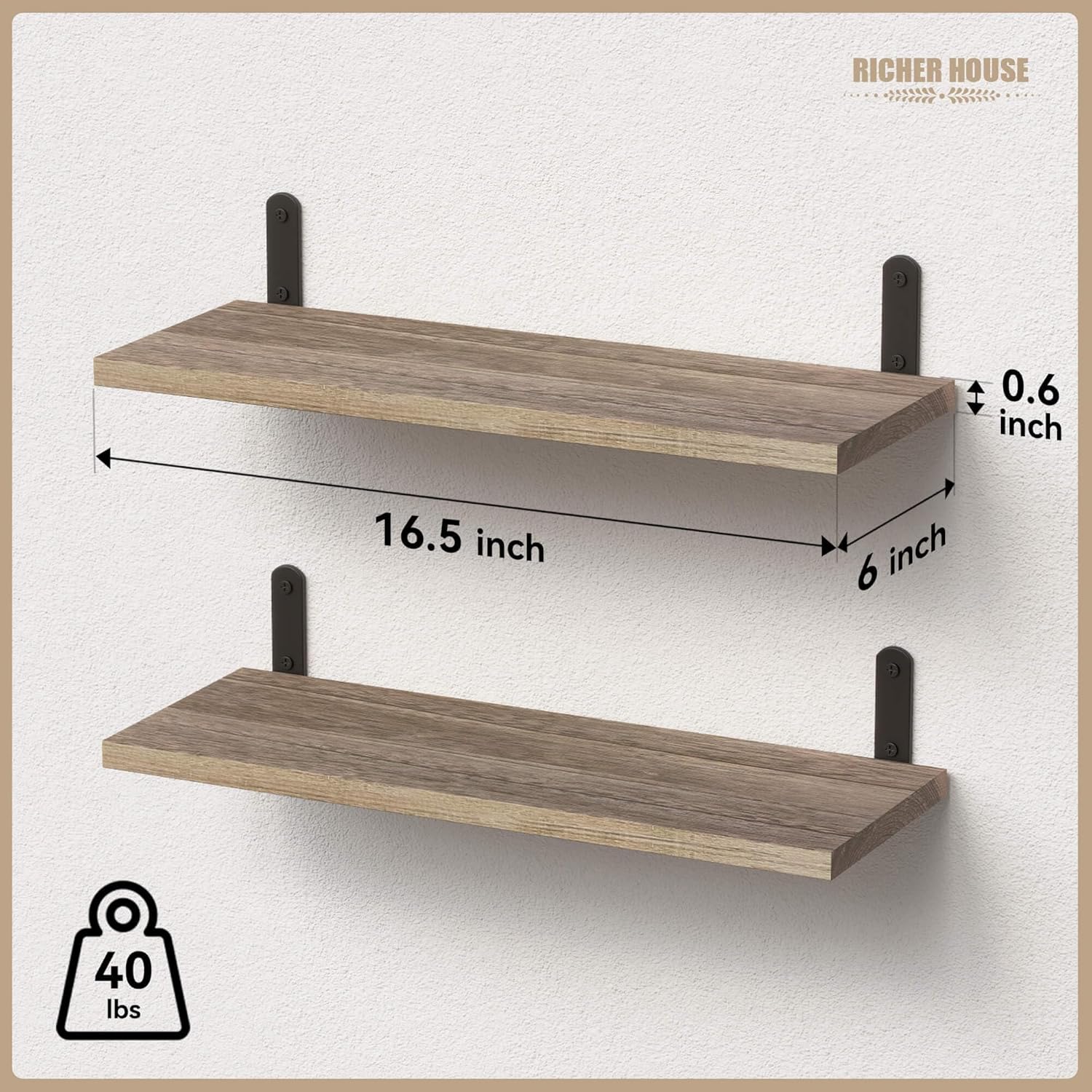 Rustic Wood Shelves / Carbonized Black / 16.54in / Set of 2