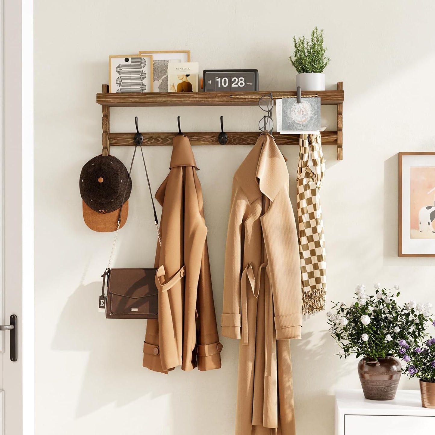 Wood Coat Hooks / 5 Hooks / 28.9 Inch