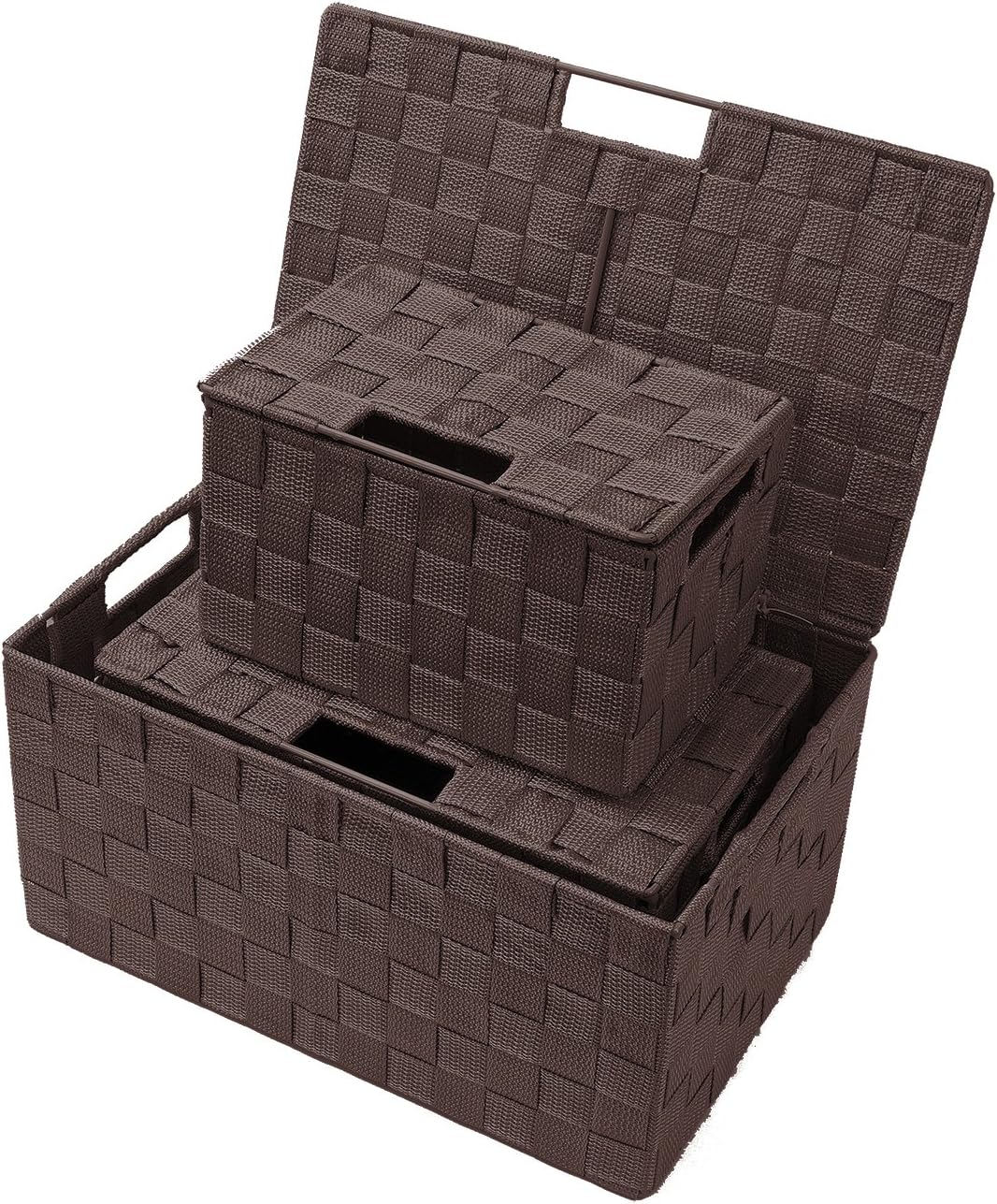 Hand-Woven Storage Baskets / Lid Bins / Chocolate / Set of 3
