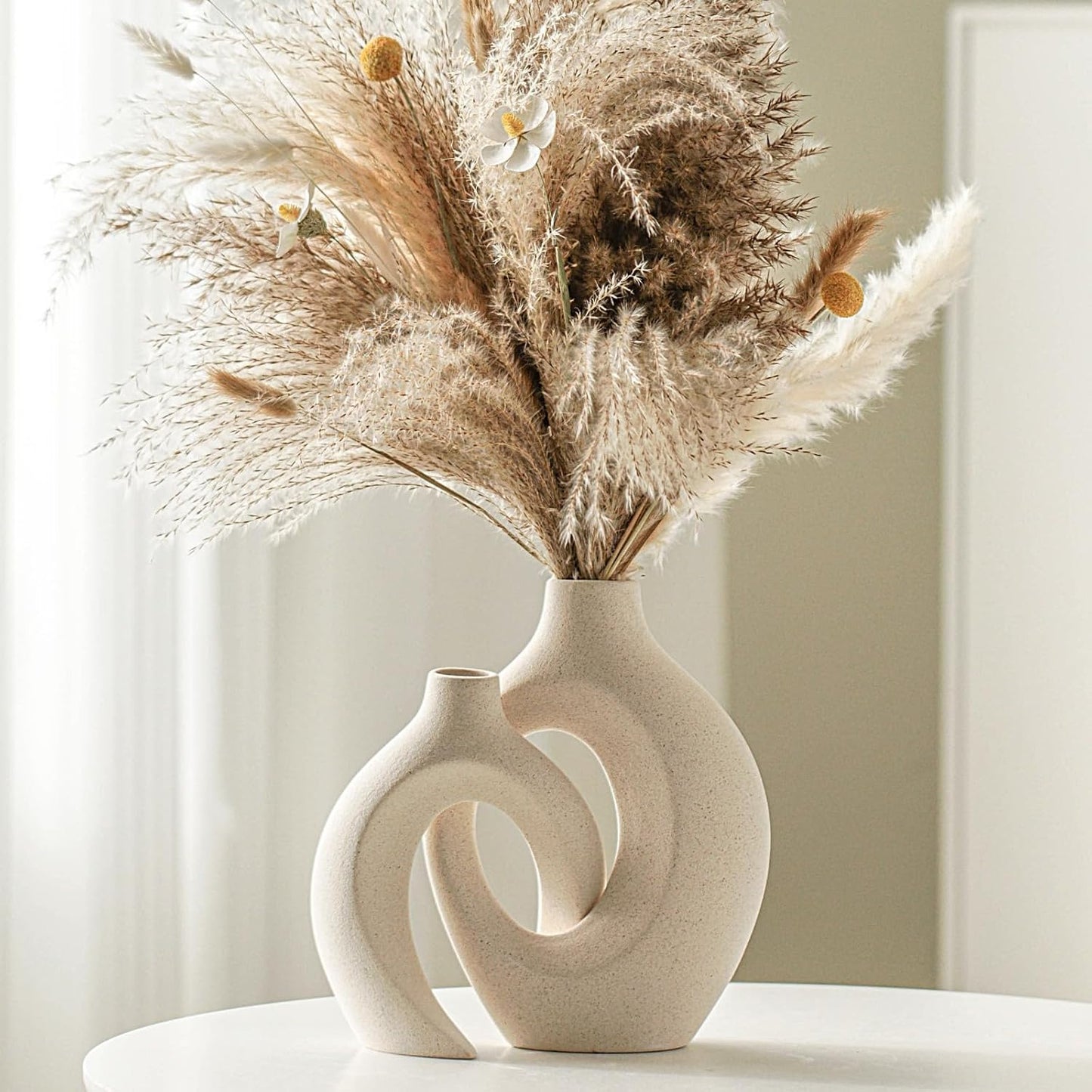 Hollow Ceramic Vase / Off White - Round Hollow / Set of 2