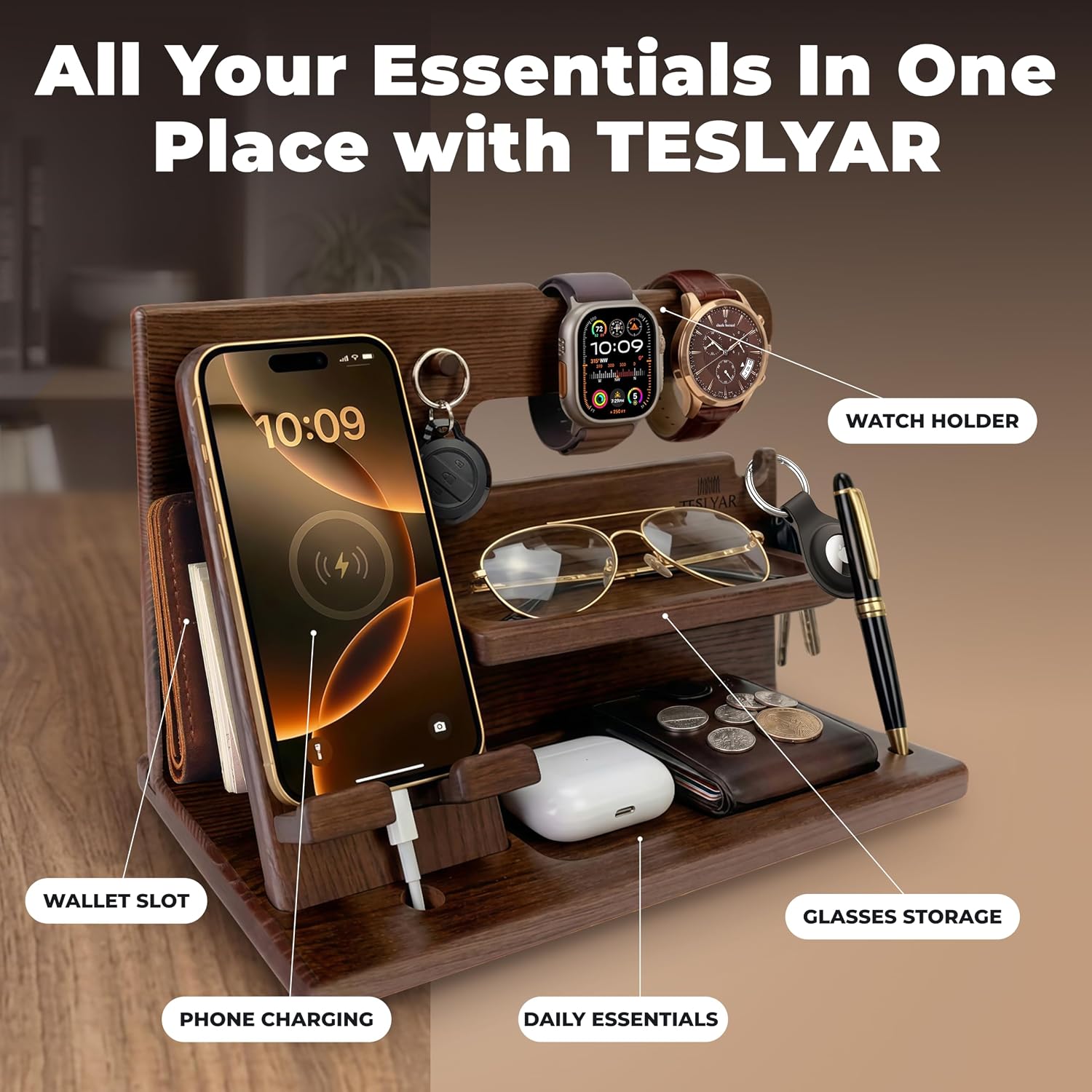 TESLYAR Wood Phone Docking Station for Men - Desk or Nightstand Organizer - Birthday Gifts for Husband, Dad