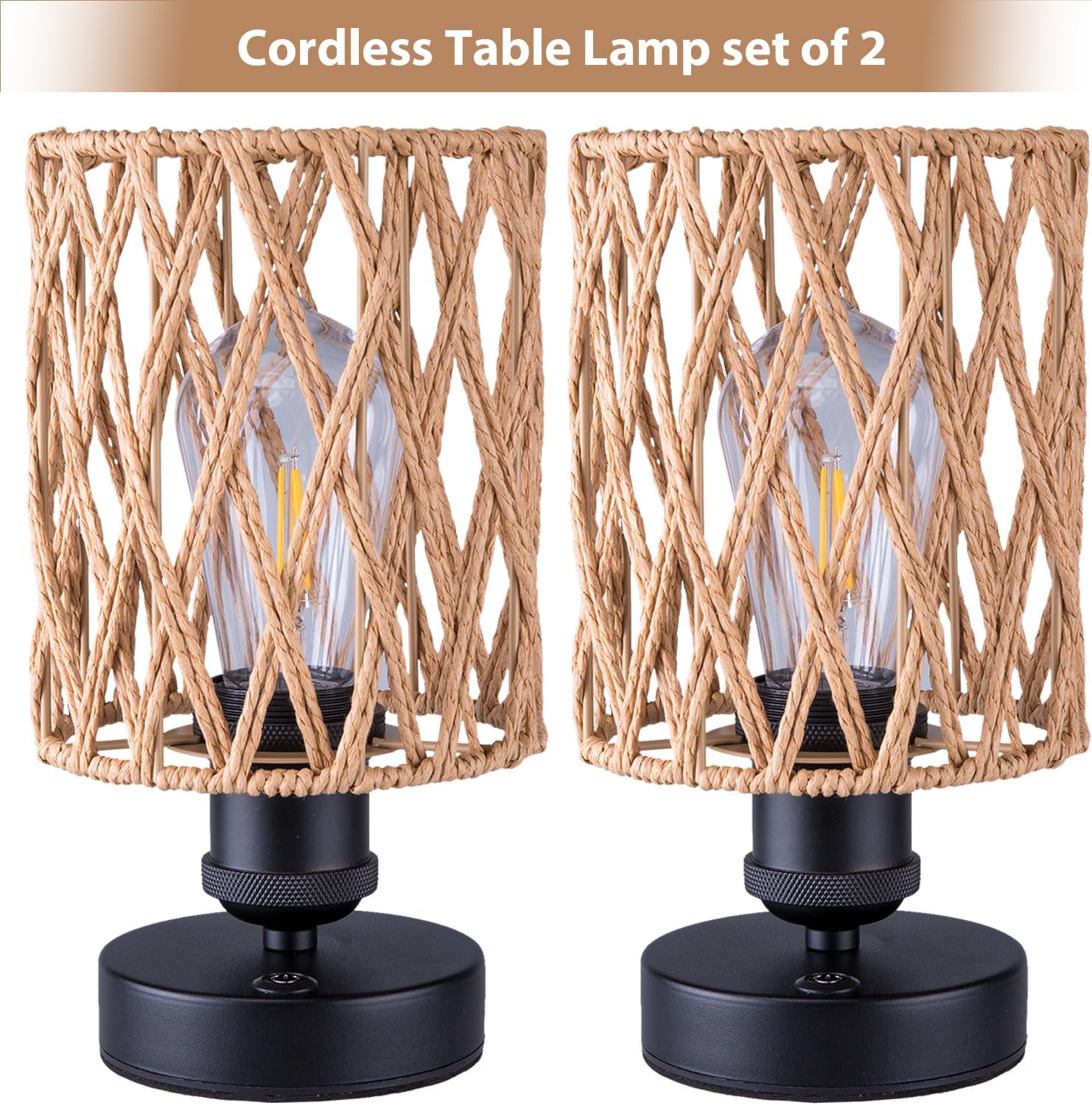 Cordless Outdoor Table Lamps, Small Rattan Boho, Rechargeable Battery Operated for Outdoor Patio, Home, Living Room