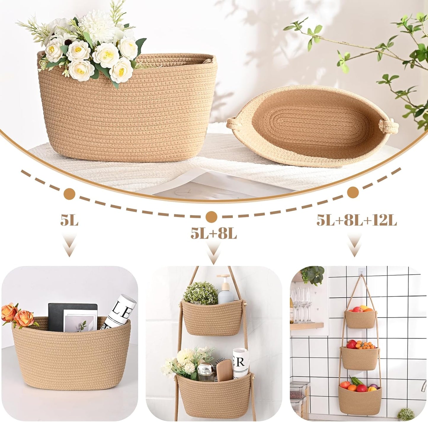 3-Tier Woven Wall Basket / Classic / Jute