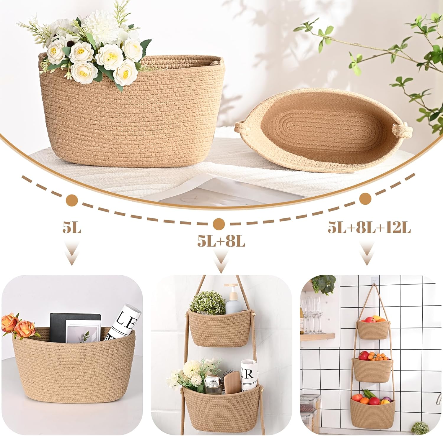 3-Tier Woven Wall Basket / Classic / Jute