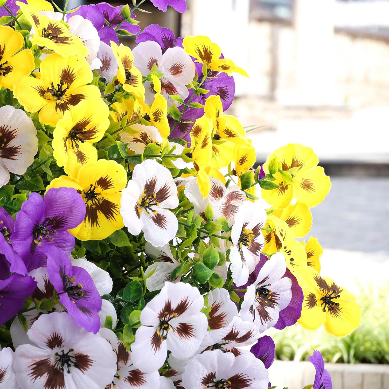 Artificial Fake Pansy Flowers / Purple, Yellow, White / Set of 18