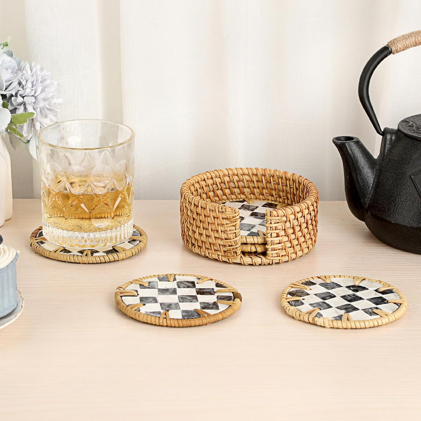Holder / Boho Coastal Coasters / Checkered Pattern / Set of 6