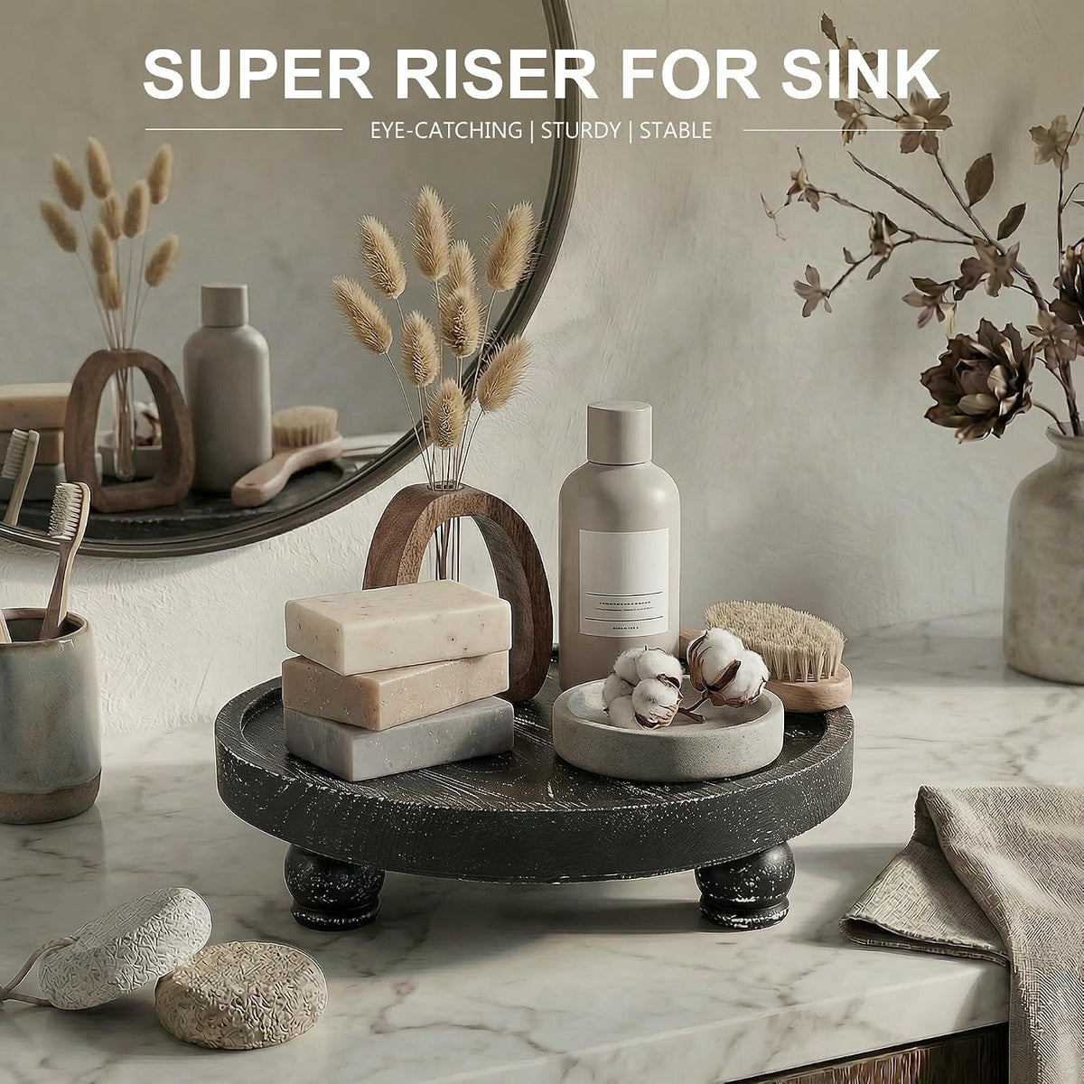 EOSAHR Display Riser: Rustic Pedestal Stand for Kitchen Counter, Old Black | Pine Wood, 10" Round Pedestal Riser, Wood