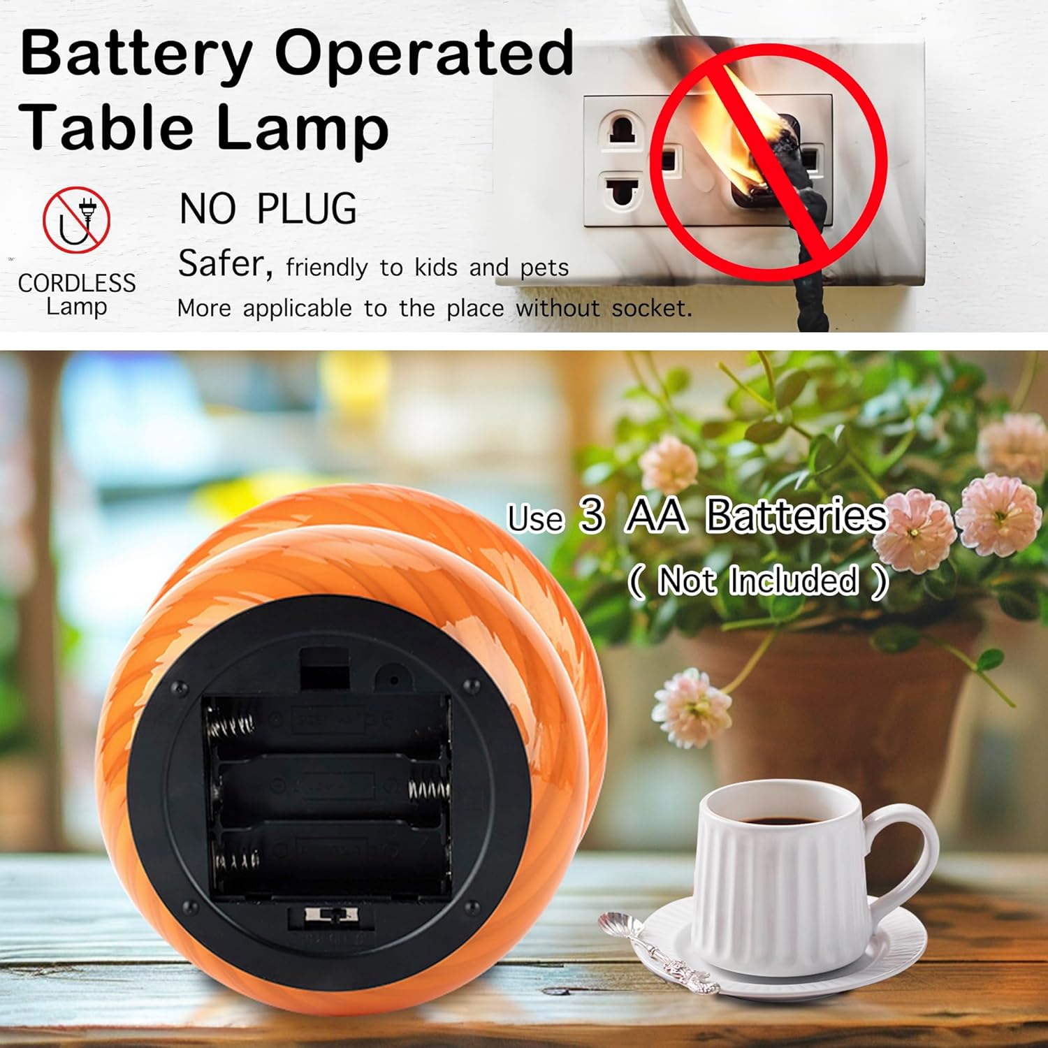 Cordless Battery Powered Bedside Lamp / Orange