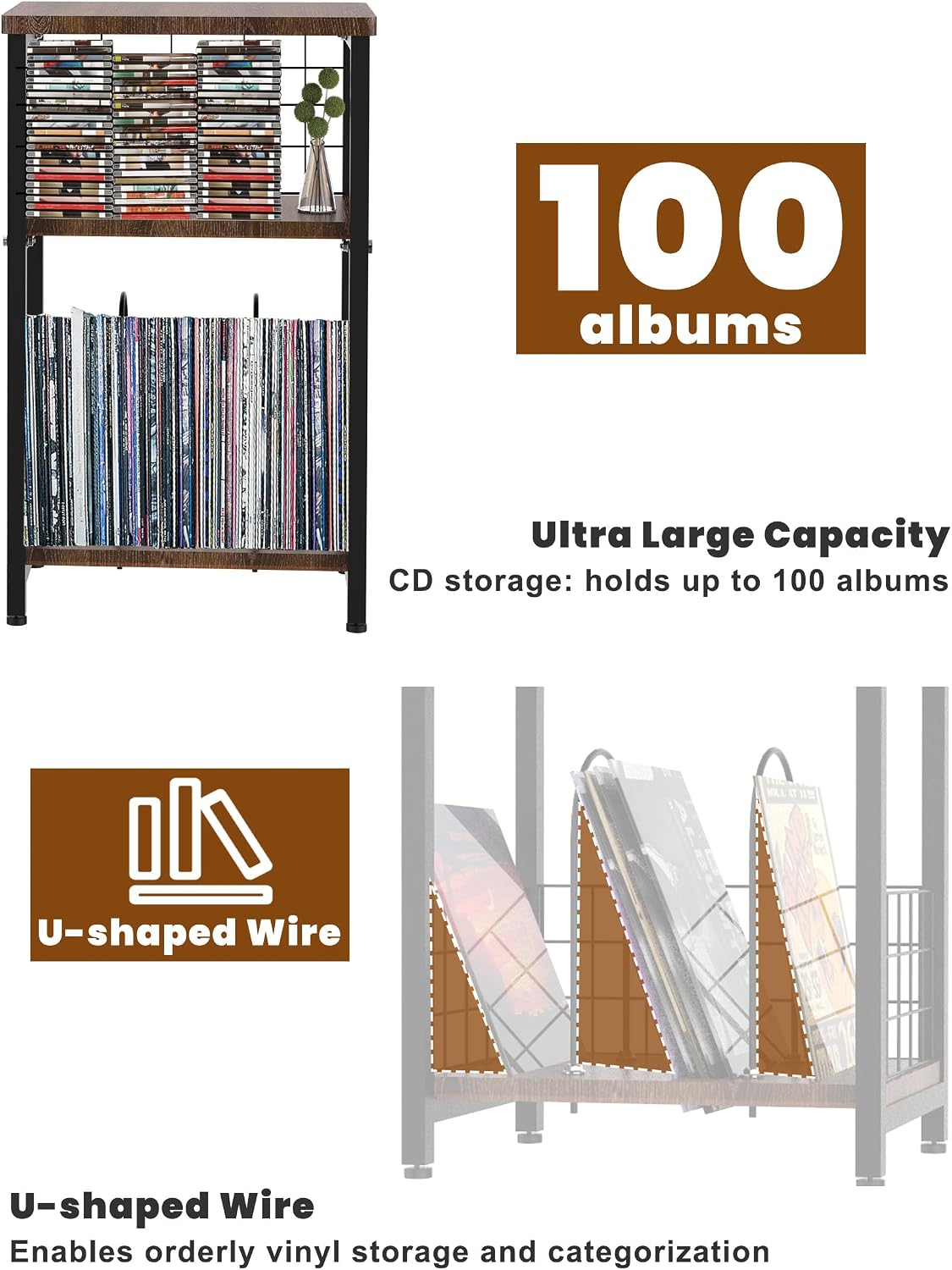 Vinyl Record Player Stand 3 Tier End Table with Double Layer Black | Turntable Record Stand Storage Up to 100 Albums