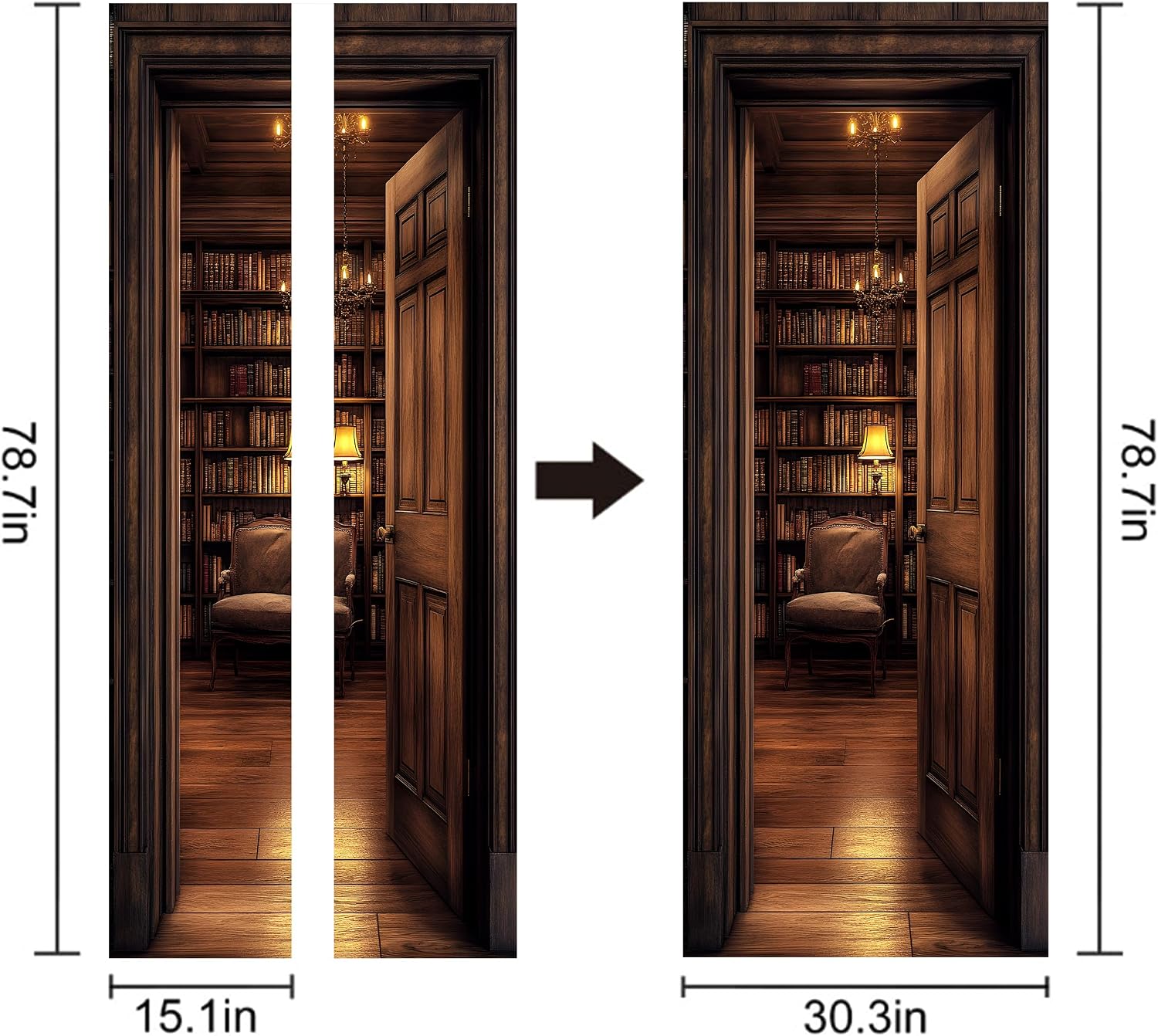 Vintage Library Fake Door Stickers-Peel and Stick Removable Wall / Study Room / 30.3 Inch / Set of 2