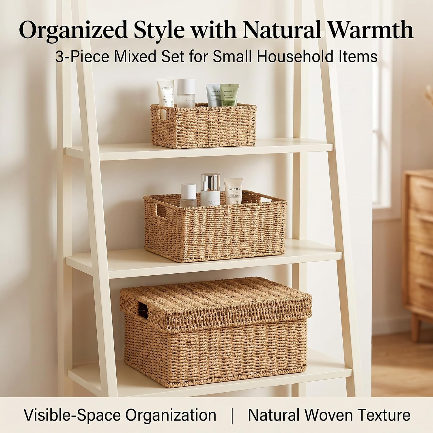 Wicker Storage Basket / Natural / 15 x 12 x 6.8 / 3-piece Mixed Set