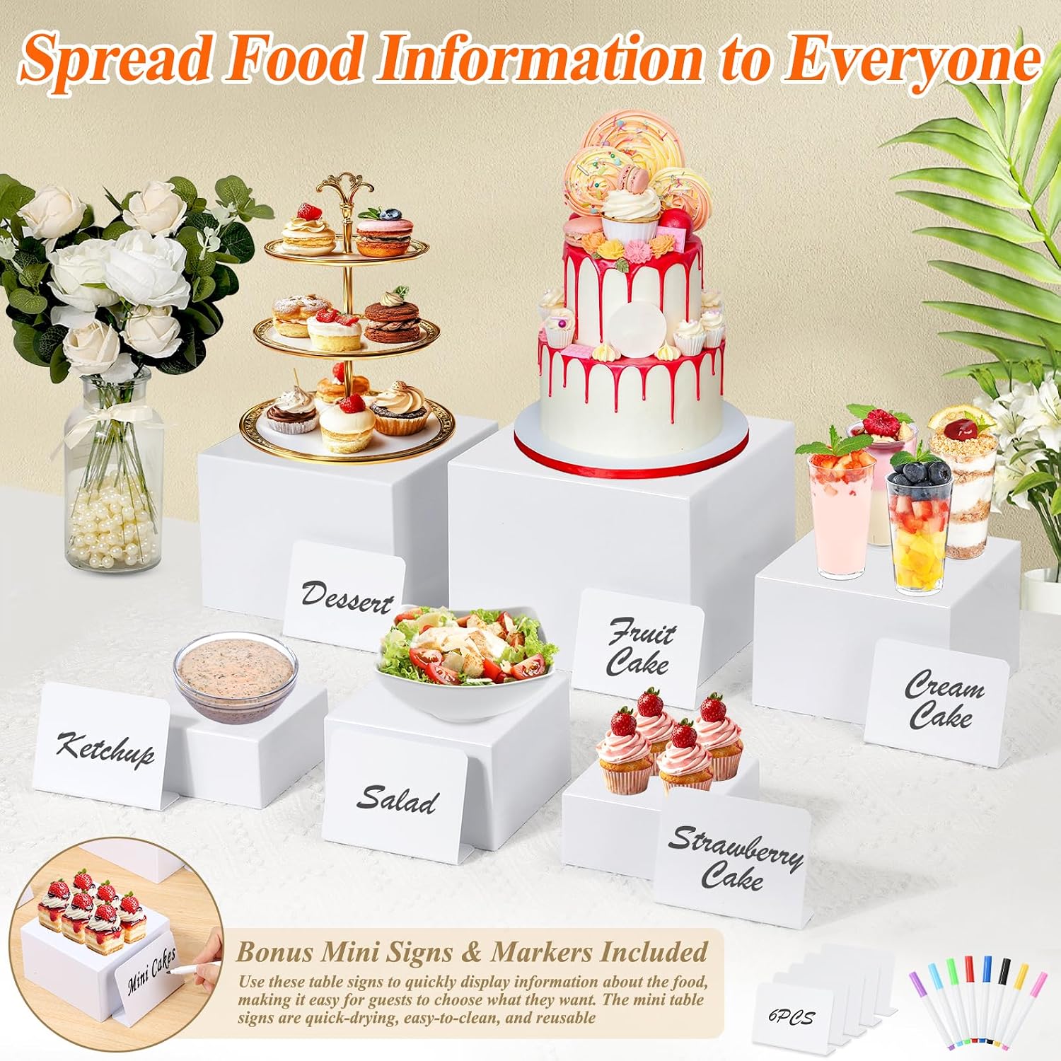 White Acrylic Buffet Risers and Stand Food Risers with Mini Sign and Maker | Food Display Stands for Buffet Table Party