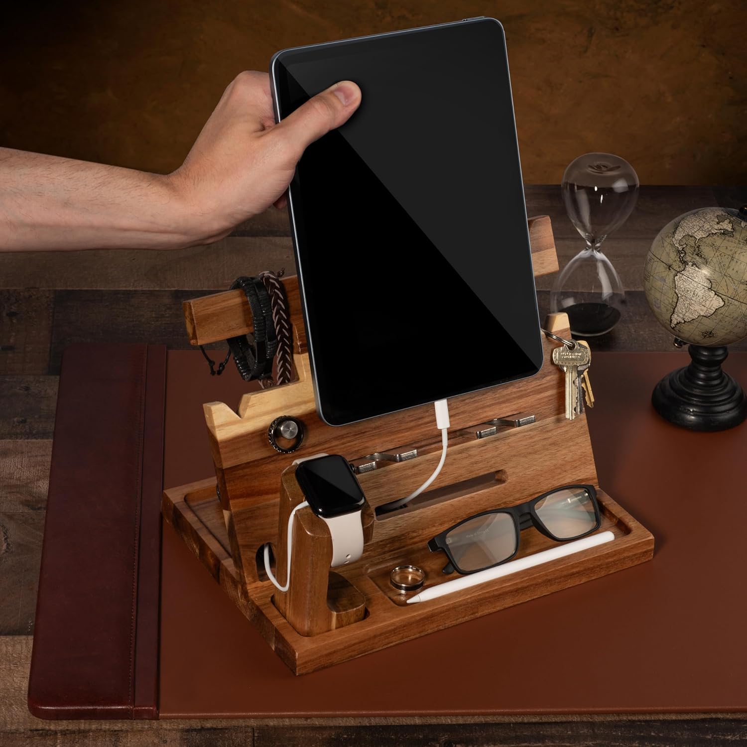 Wood Phone Docking Station for Men, Nightstand Organizer, Gifts for Him from Daughter Son Wife, Christmas Anniversary