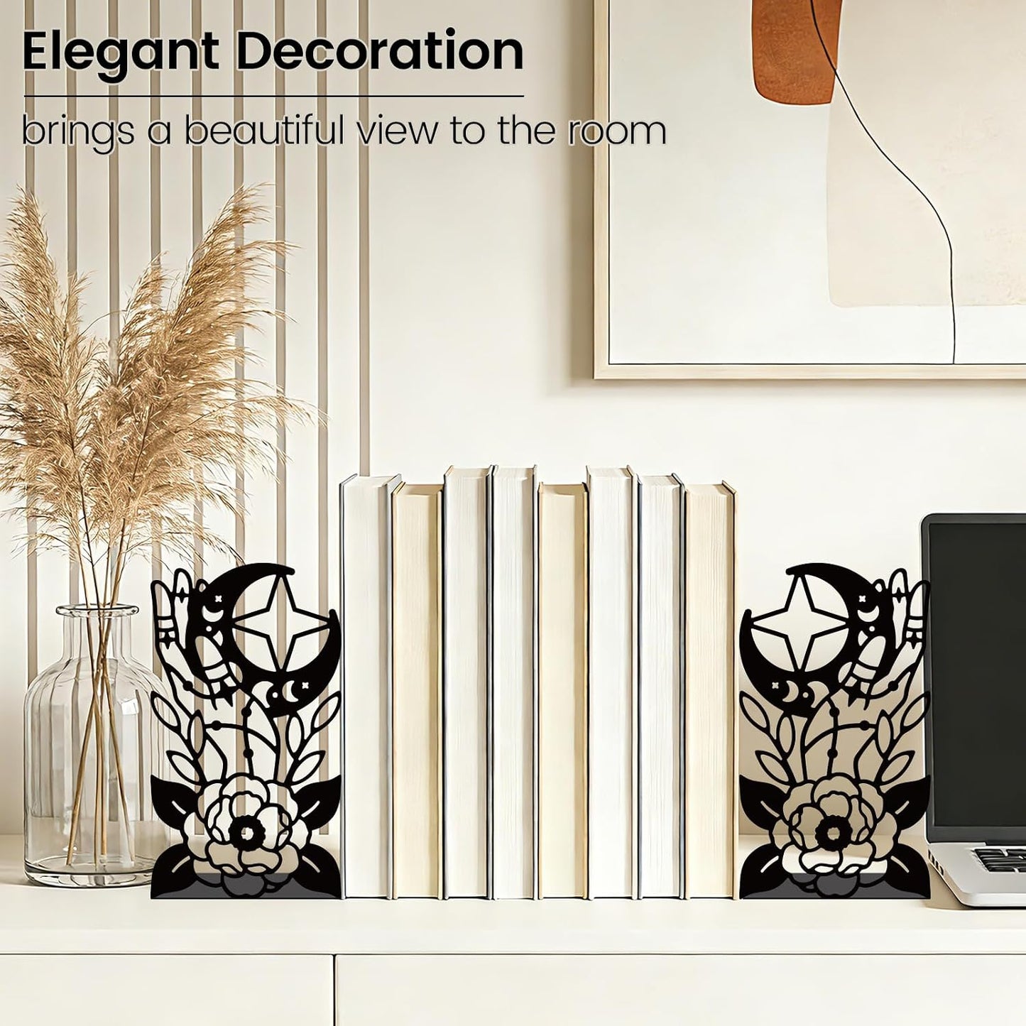 Metal Bookends Lunar Phases Heavy Duty Adjustable Book Stopper / Moon / Black / Set of 2