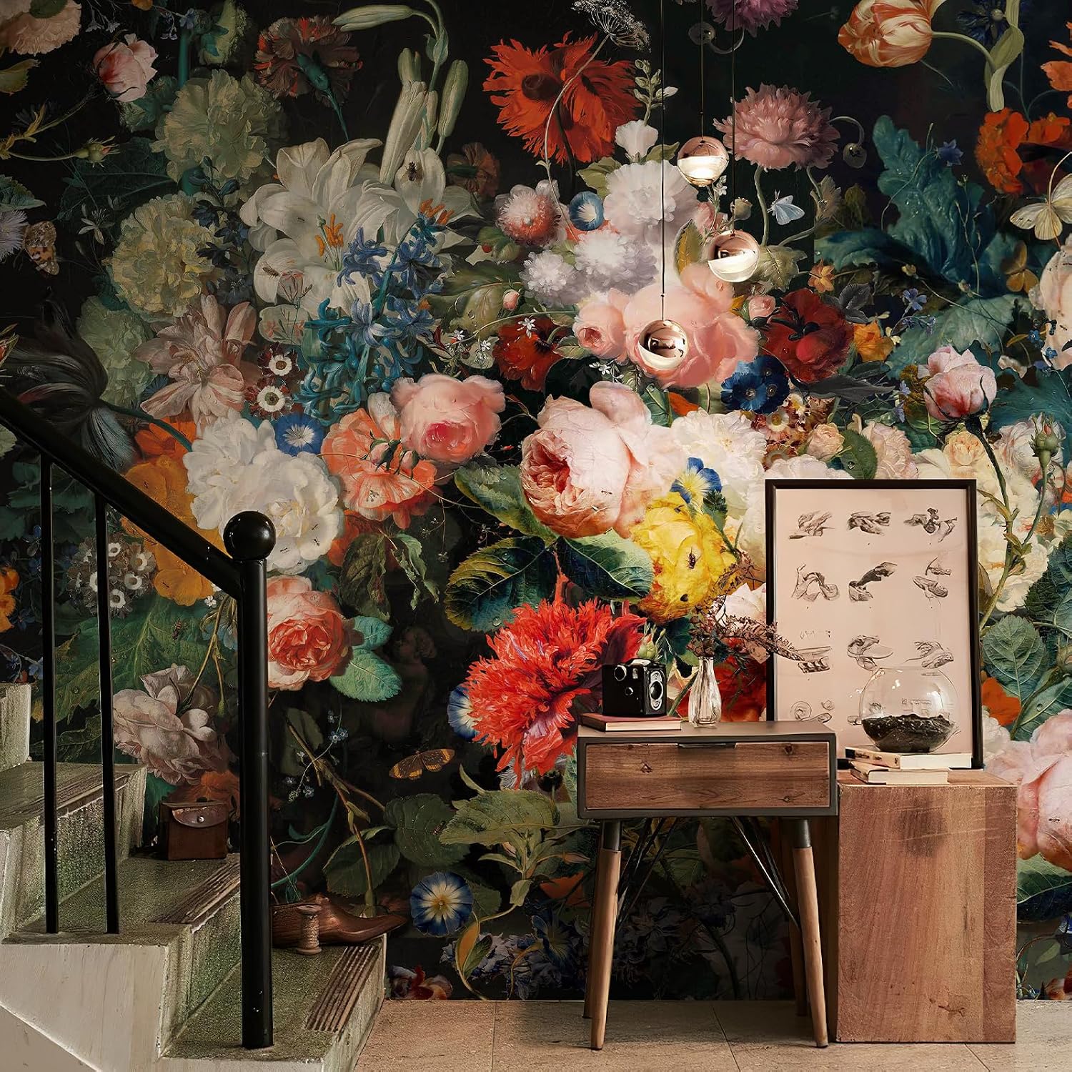 Dark Floral Vintage Oil Painting Wallpaper / 148 x 98 / Multicolour