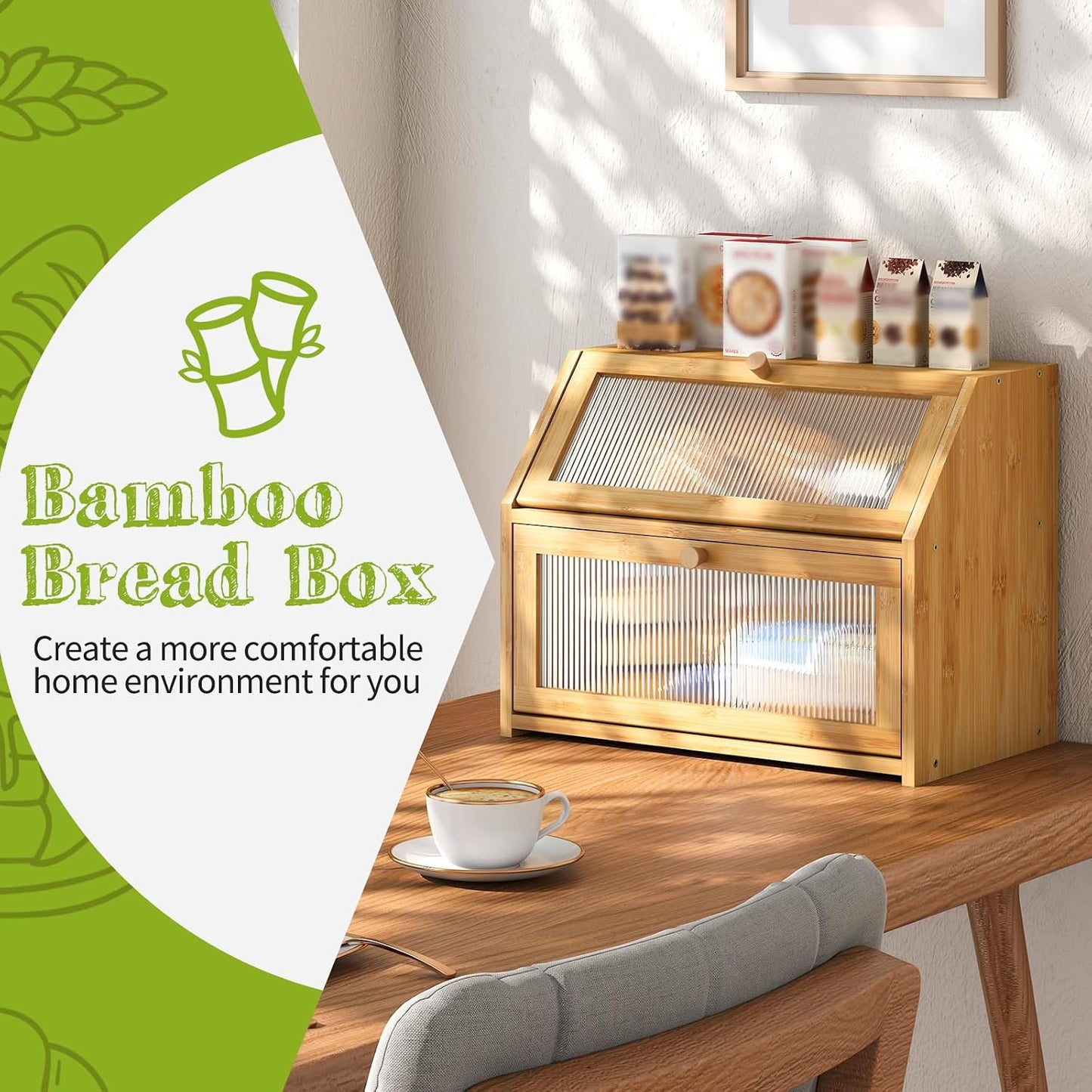 BMOSU Large Bread Box for Kitchen Countertop,Double Layer Bread Box for Kitchen Counter,Bamboo Wood Bread box Capacity