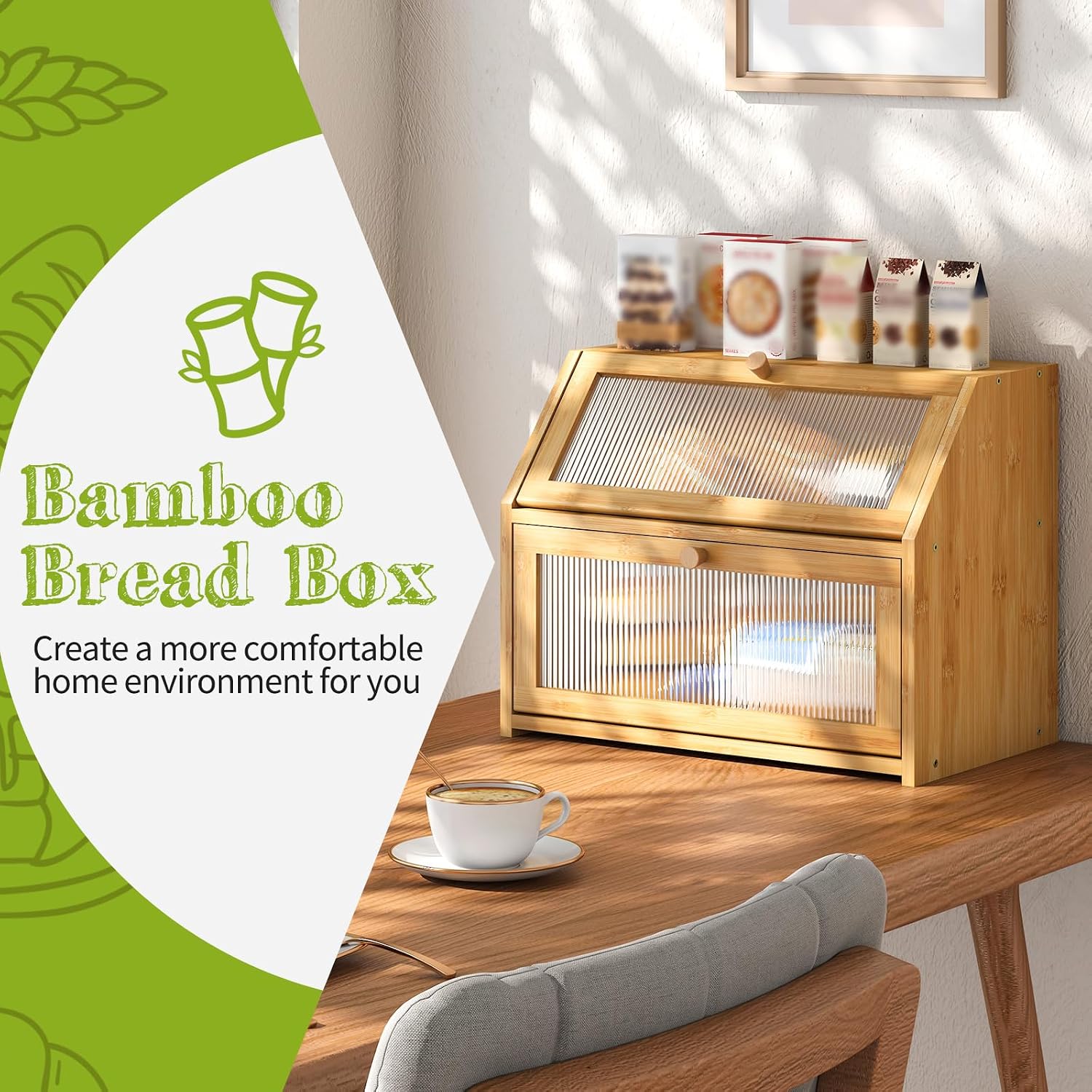 BMOSU Large Bread Box for Kitchen Countertop,Double Layer Bread Box for Kitchen Counter,Bamboo Wood Bread box Capacity