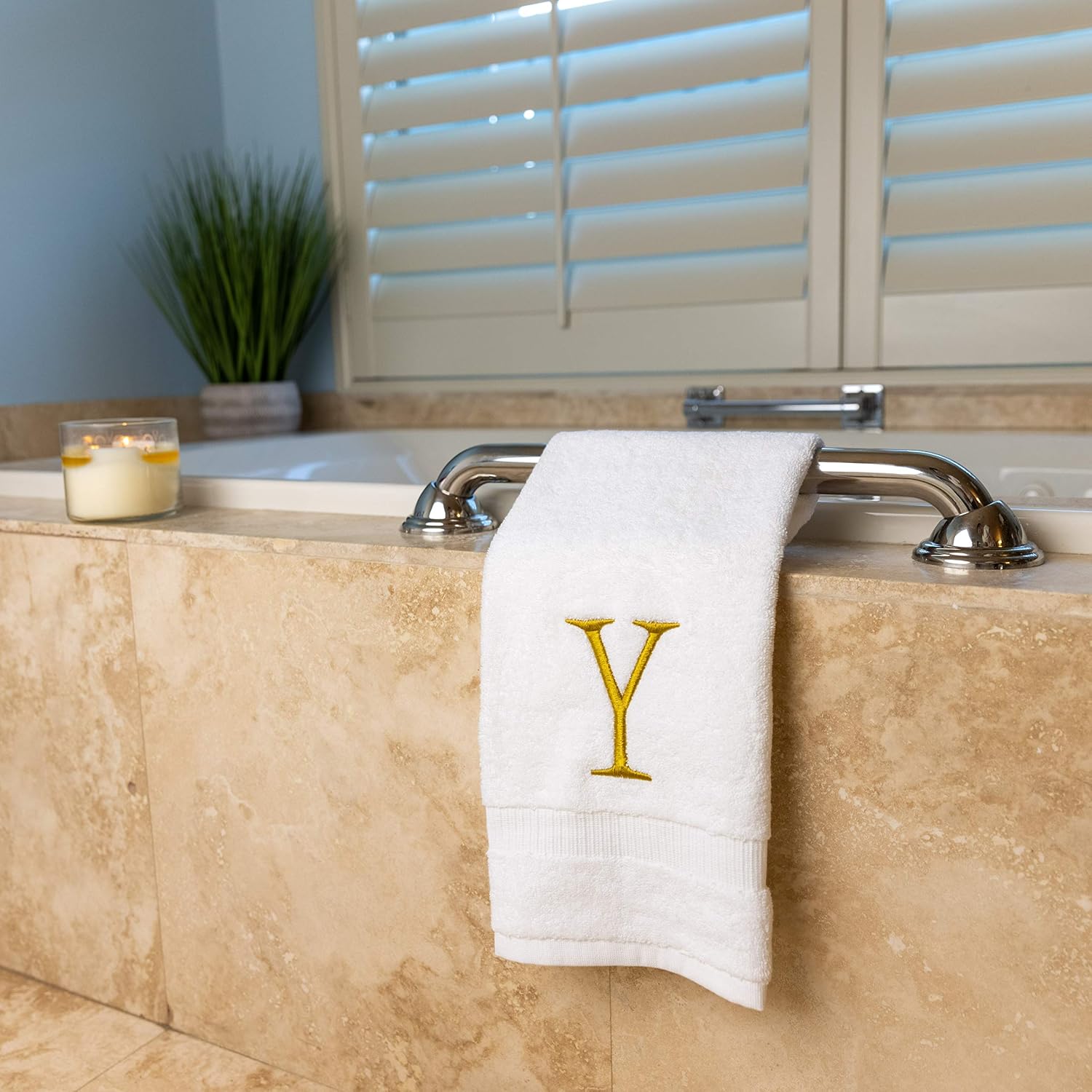 White with Gold Monogrammed Hand Towels for Bathroom - Set of 2 Letter Y | Luxury Hotel Quality Initial Towels For