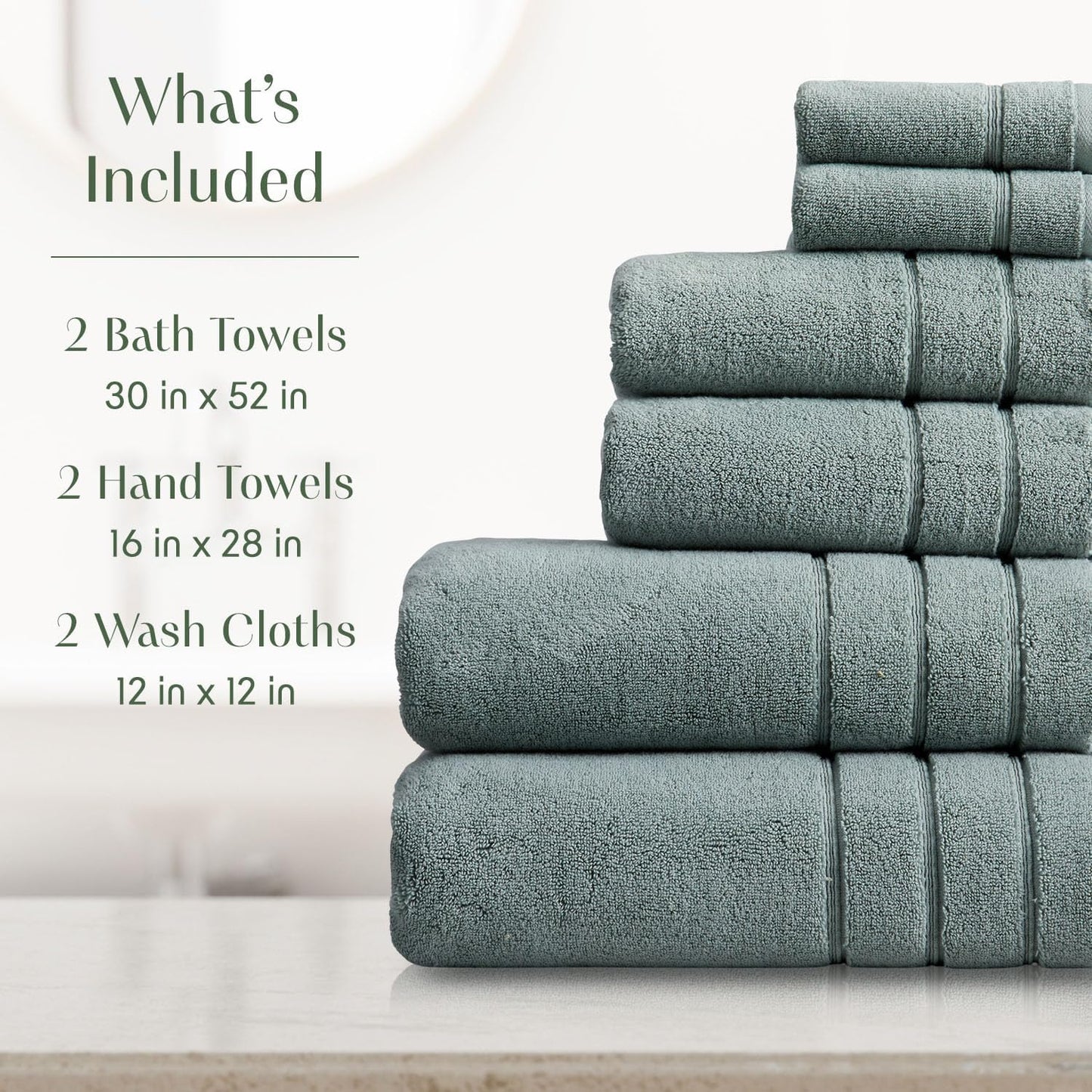 Luxury Turkish Cotton Bath Towels Set | 6-Piece Set | Green | 100% Turkish Cotton | Premium Bath Towels | Ultra Soft