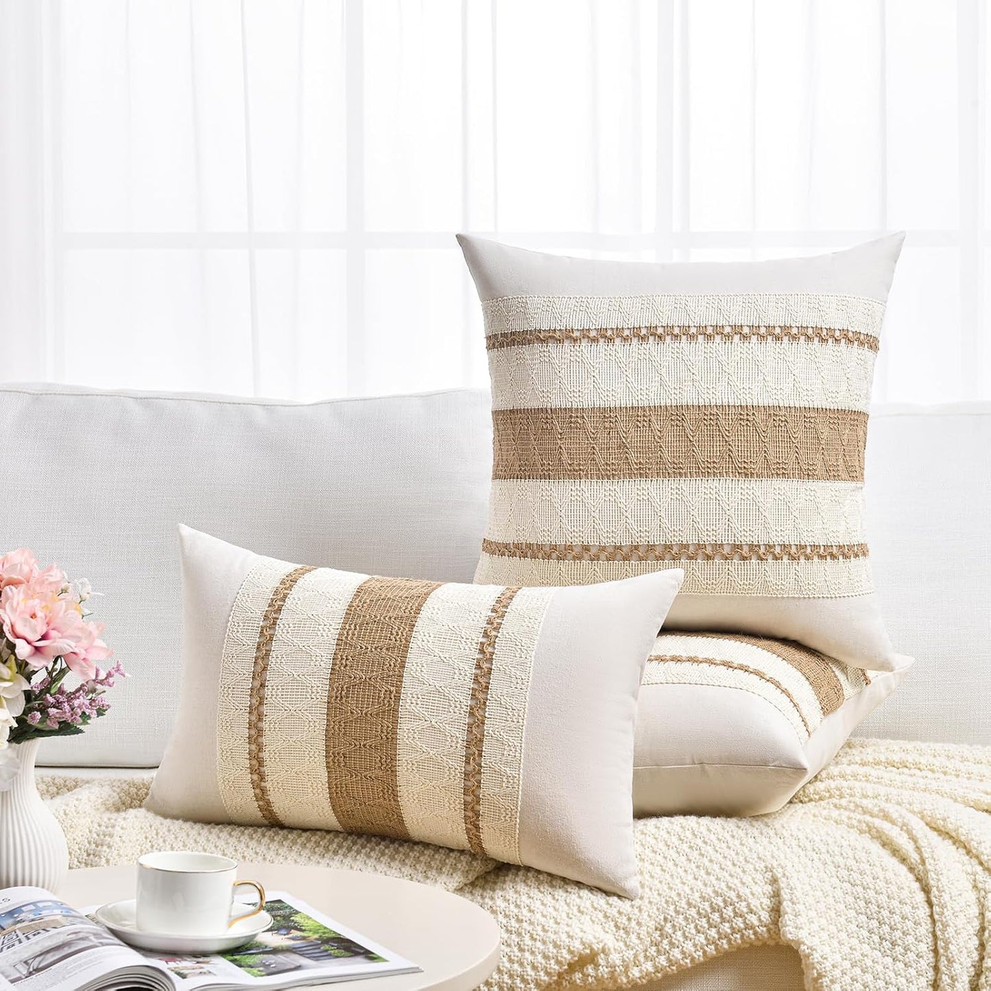 Boho Decorative Throw Pillow Cover / 18 x 18 / Neutral / Set of 2
