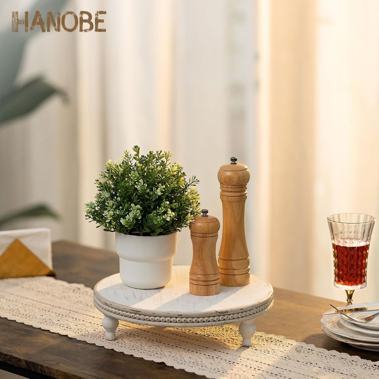 Beaded Wood Pedestal Risers Farmhouse Circle Display Holder / White
