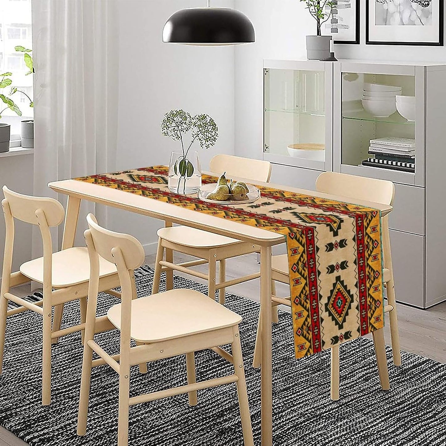 Aztec Southwest Table Runner,Ethnic Style Design Boho Geometric Pattern Printed Linen Table Runner for Home Kitchen