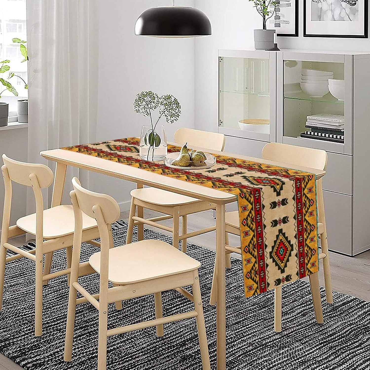 Aztec Southwest Table Runner,Ethnic Style Design Boho Geometric Pattern Printed Linen Table Runner for Home Kitchen