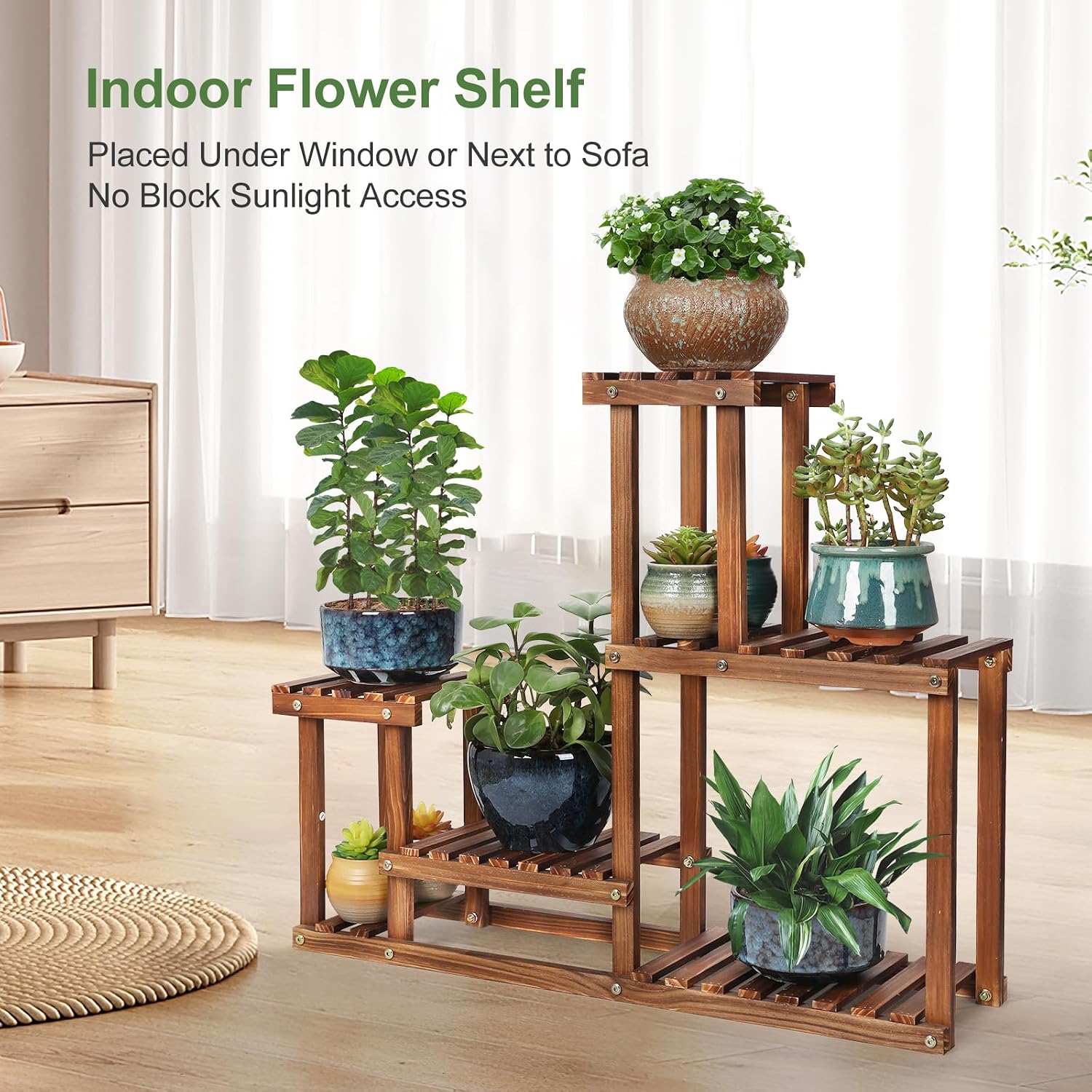 Pine Wood Plant Stand Indoor Outdoor Multi Layer Flower Shelf Rack | Higher and Lower Plant Holder in Garden Balcony