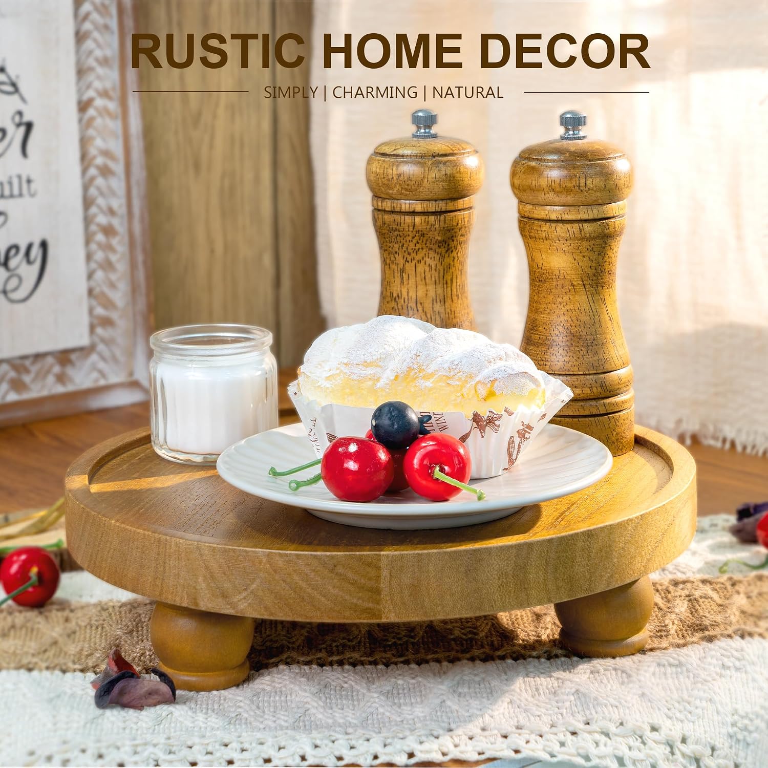 EOSAHR Wood Display Riser: Rustic Pedestal Stand for Bathroom Decor, Yellow | 10" Round Pedestal Stand, Plant Stand