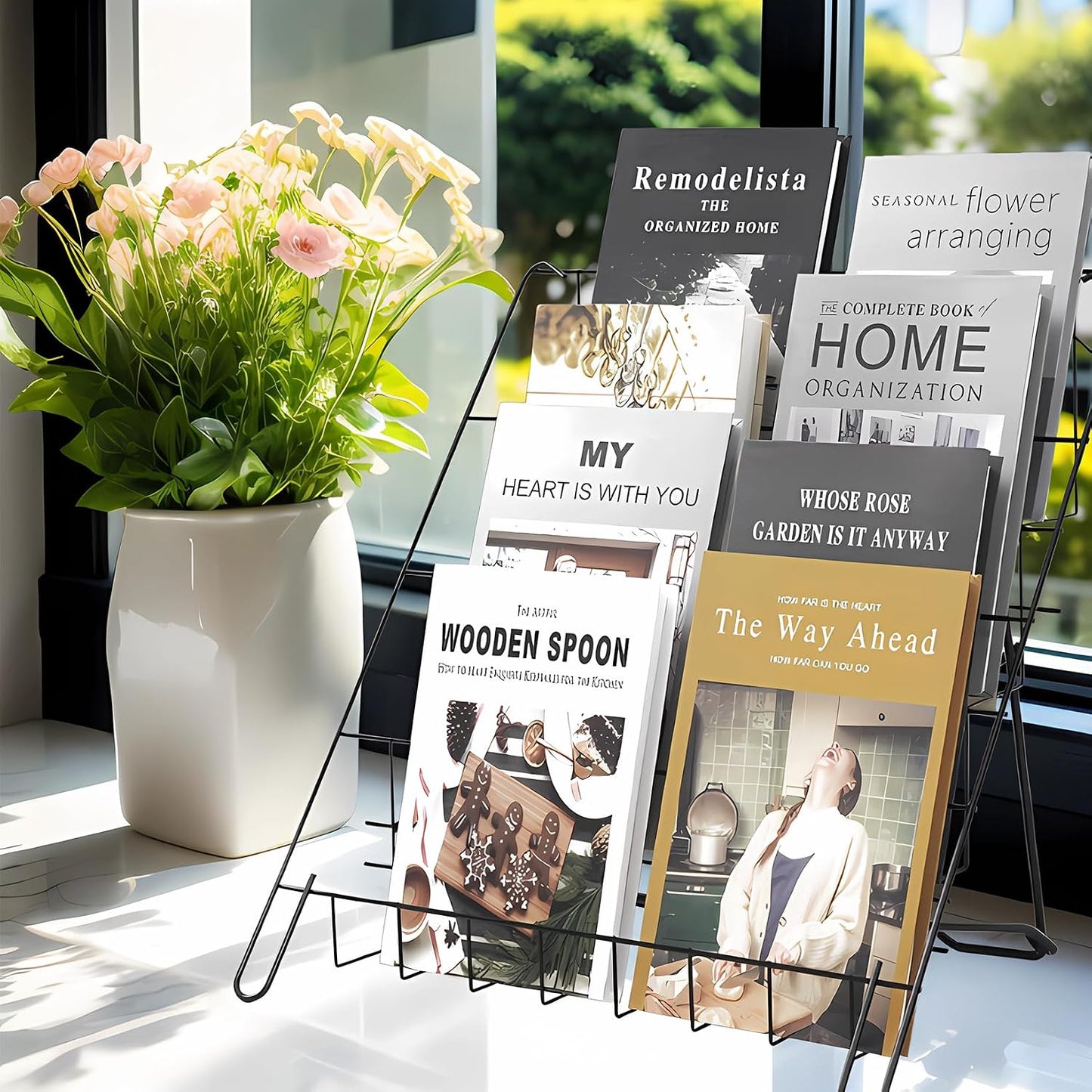 Wire Magazine Rack with 4 Open Tiers Book Signing Rack Tabletop Display Stand Holds Both Magazines and Brochures