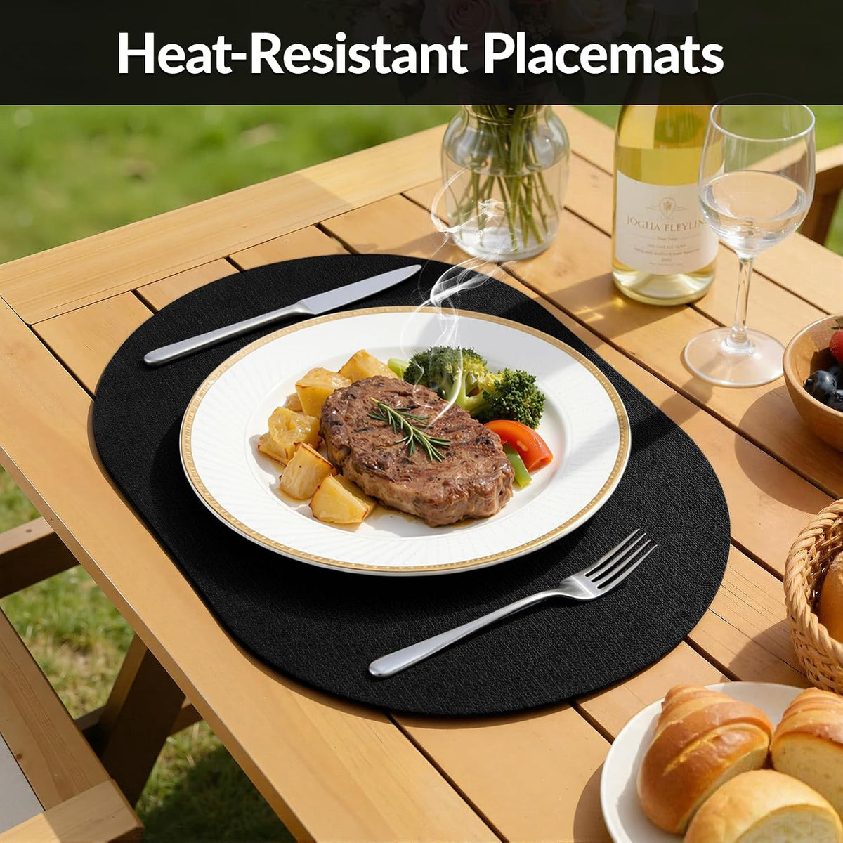 Placemats Set of 8, 11.8 x 17 Inch, Black | Heat Resistant Oval Faux Leather Place Mats, Waterproof Wipeable Reversible