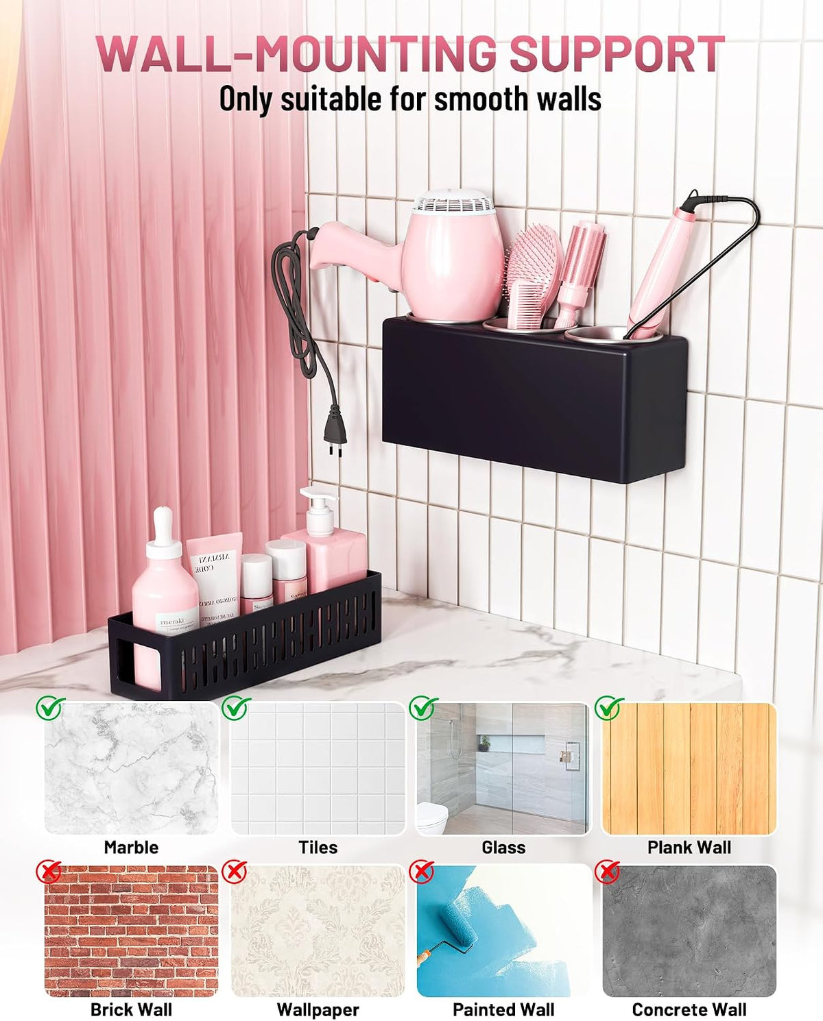 Hair Tool Organizer, Detachable Hair Dryer Holder with 3 Stainless Steel Cups, Wall Mounted Bathroom Organizers and