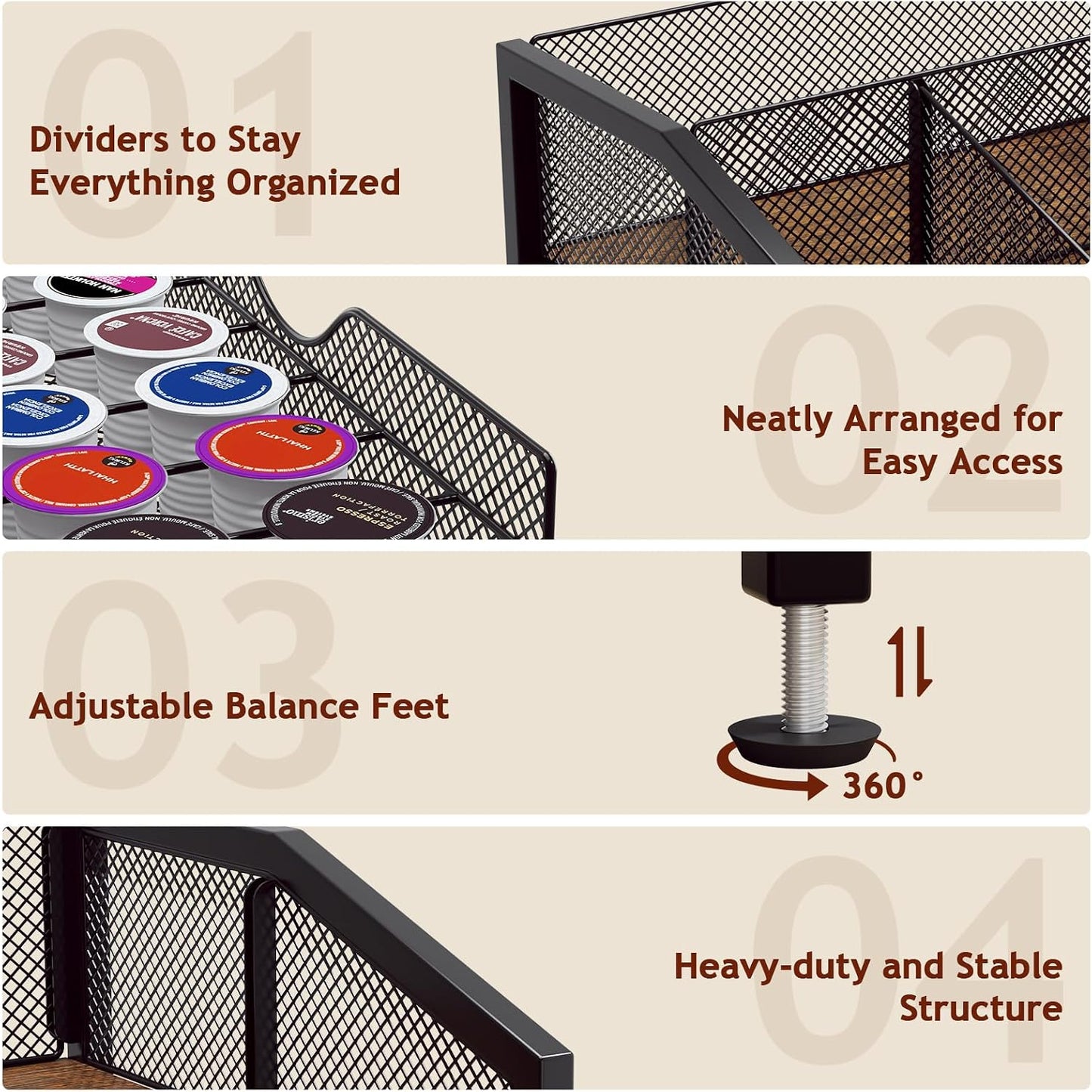 Coffee Bar Organizer - Coffee Station for Countertop, Metal and Wood K Cup holder Storage Basket for Coffee Pods