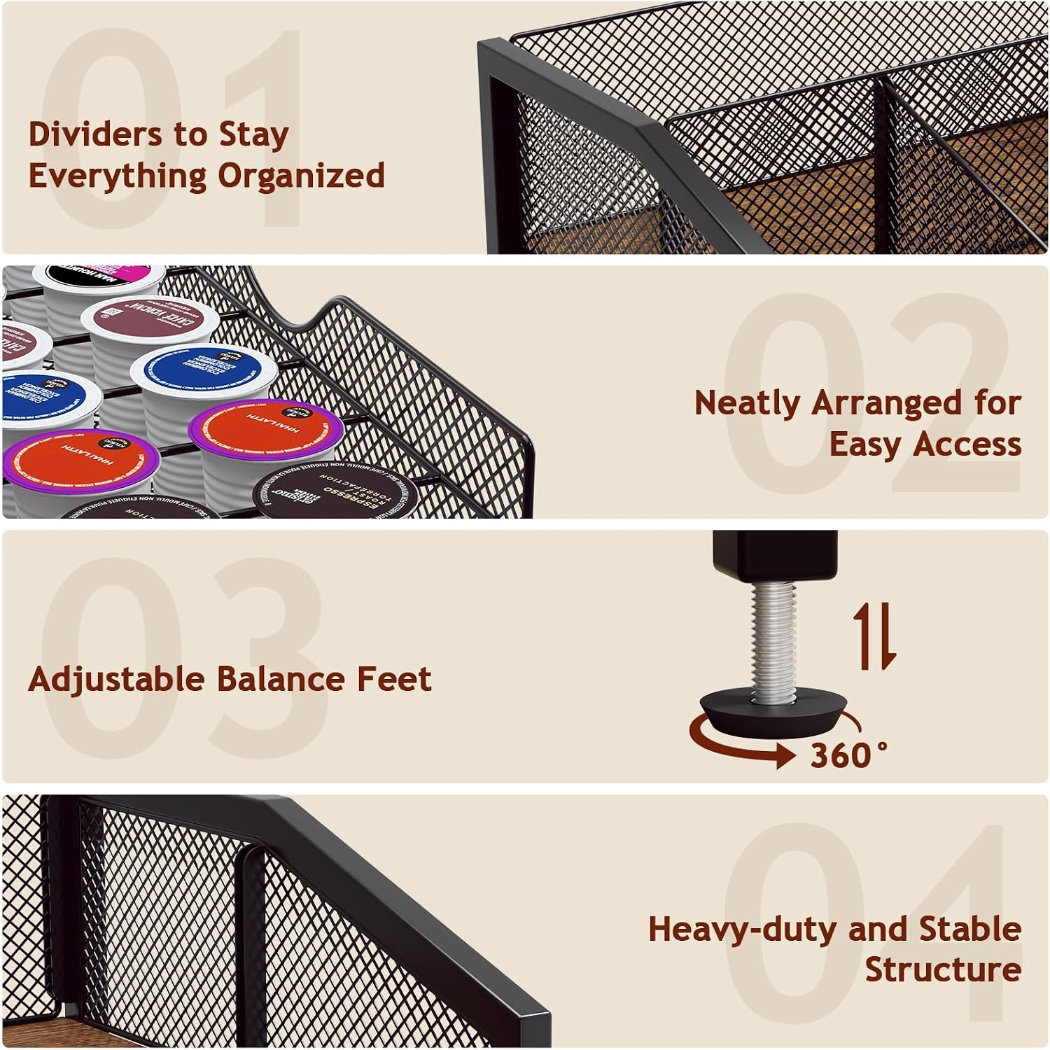 Coffee Bar Organizer - Coffee Station for Countertop, Metal and Wood K Cup holder Storage Basket for Coffee Pods