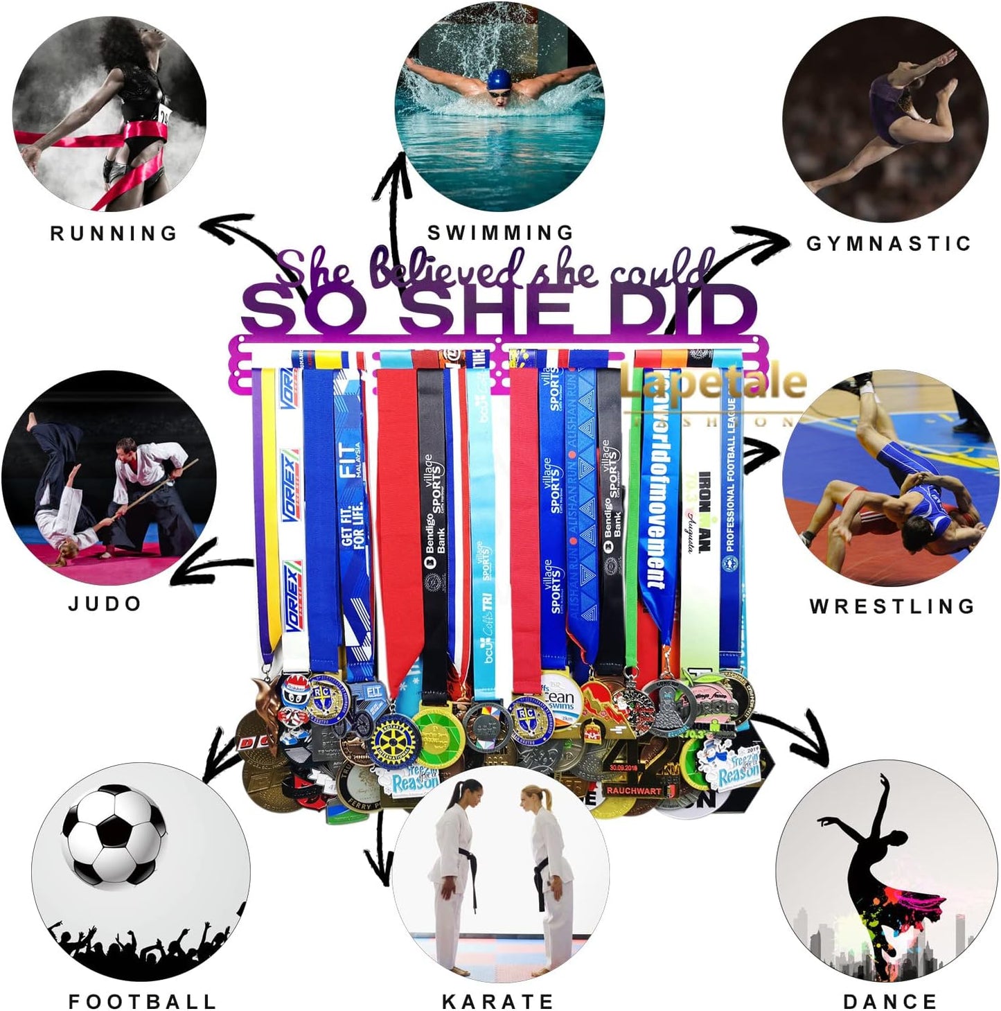 Sports Medal Holder Hanger Display Wall Rack in 16" Long-Medal Hanger Awards Ribbon Cheer,Gymnastics,Soccer,Softball