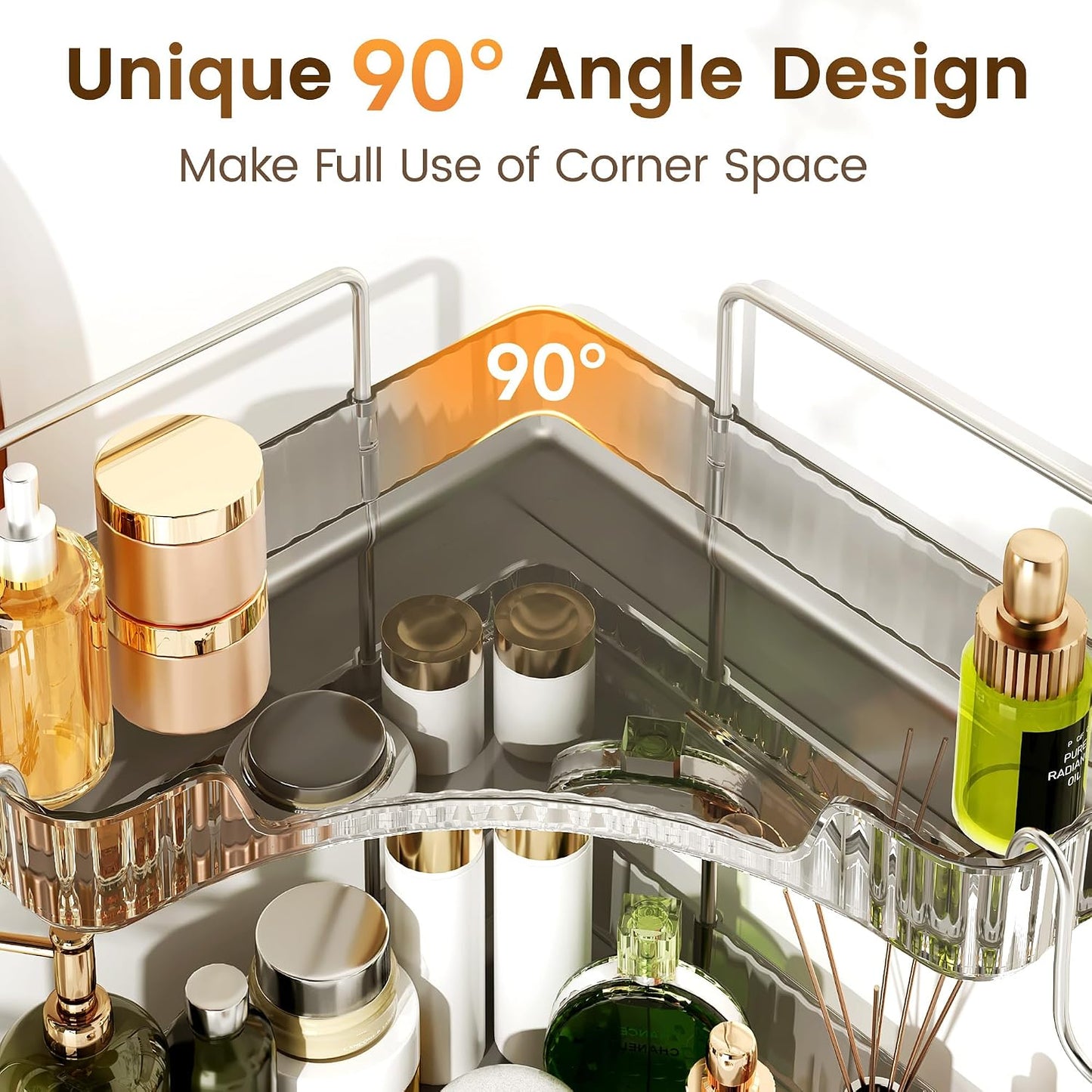 Corner Counter Organizer, 2-Tier Bathroom & Kitchen Storage Tray | Grey Vanity Organizer Storage Countertop with Hooks
