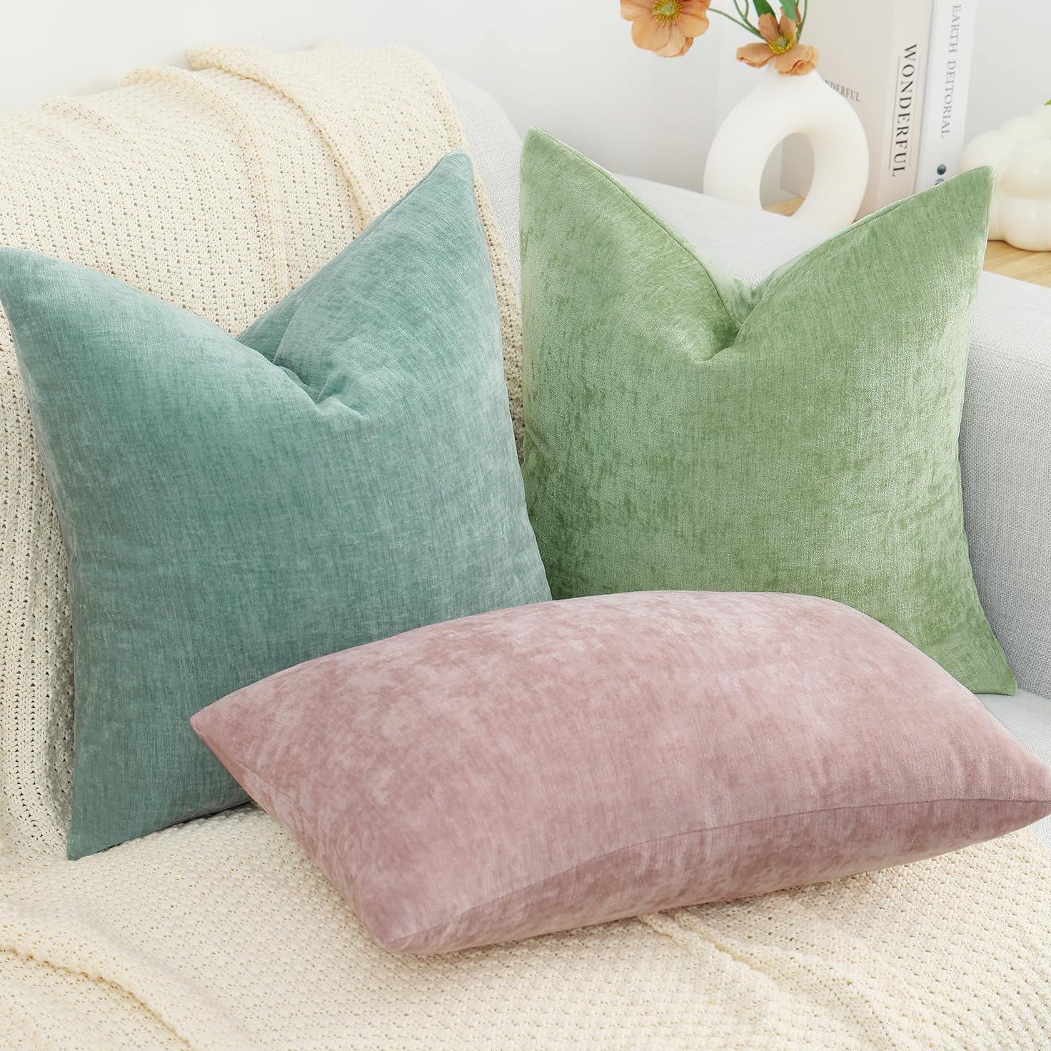 Chenille Summer Throw Pillow Covers / Sage Green / 26 x 26 / Set of 2