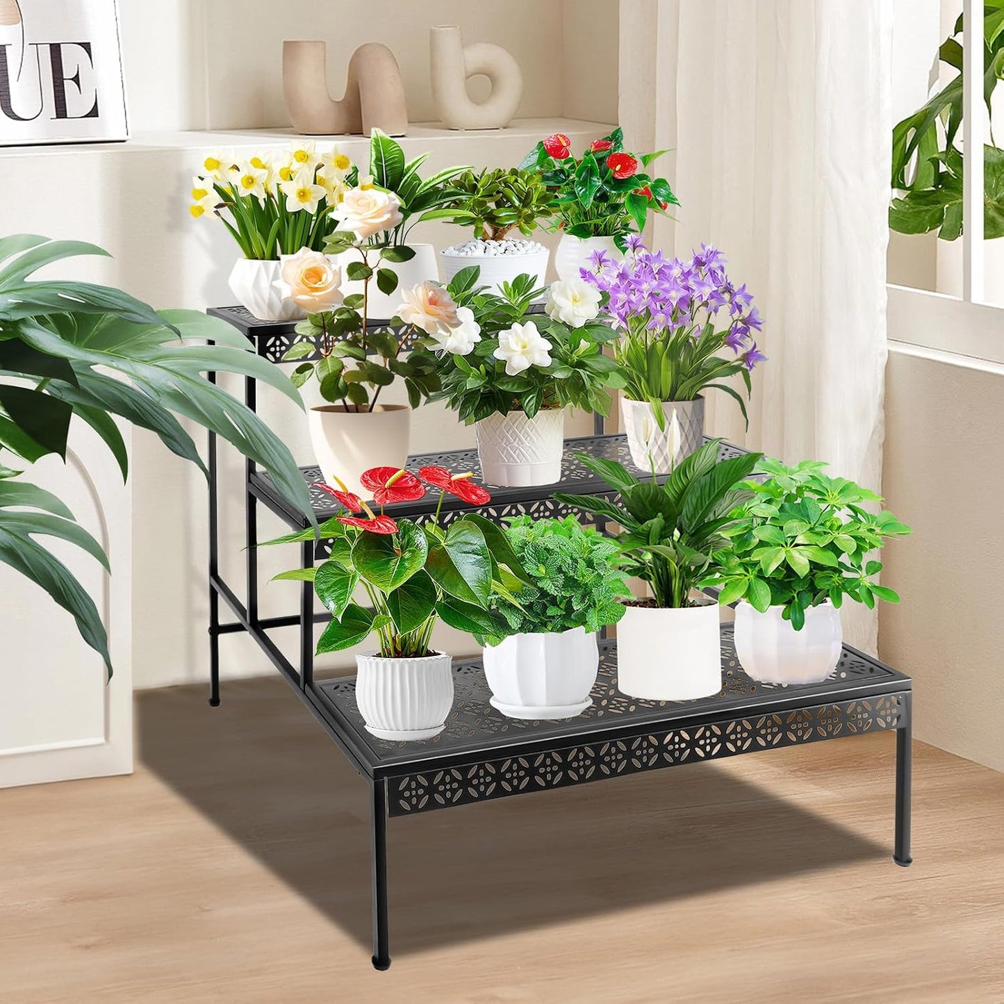 3 Tier Metal Plant Stand, Ladder Flower Pot Holder Plant Stands | Sturdy Tiered Plant Stand with Decorative Pattern