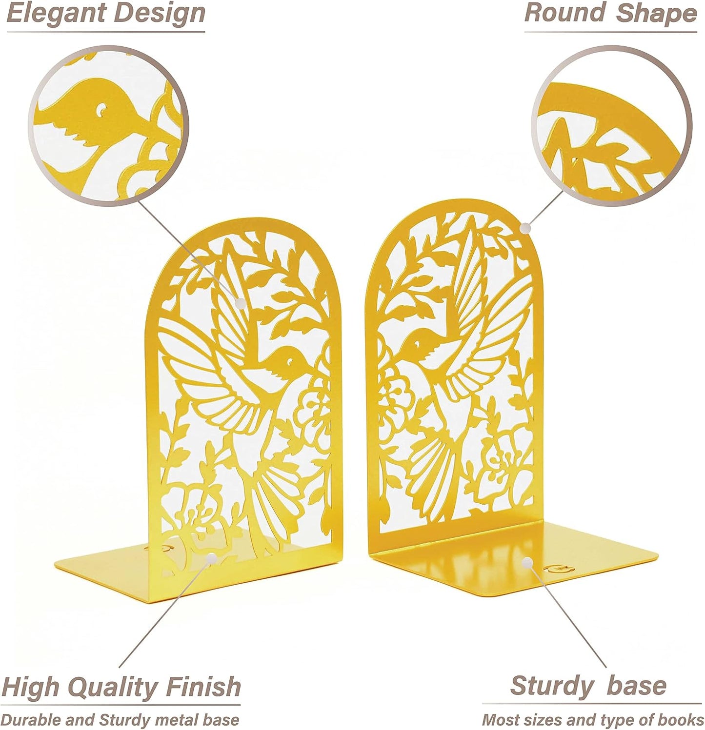 Metal Bookends / Heavy Book Stoppers / Hummingbird Gold
