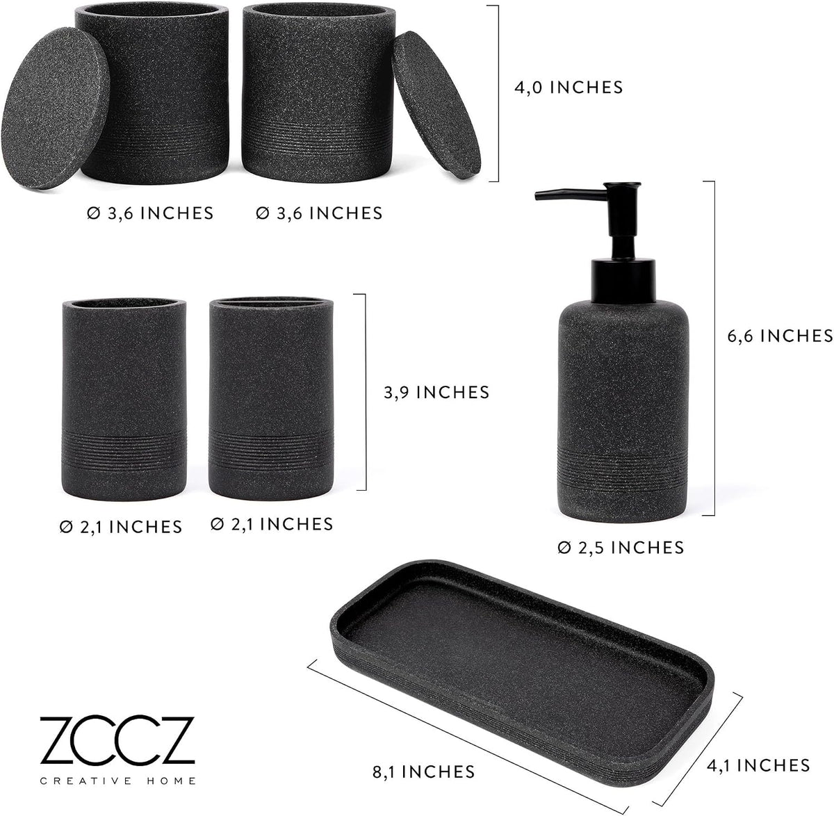 Black Stone Bathroom Accessories Set 6 Pieces - Toothbrush Holder, Lotion Dispenser, Qtip Container, Vanity Tray