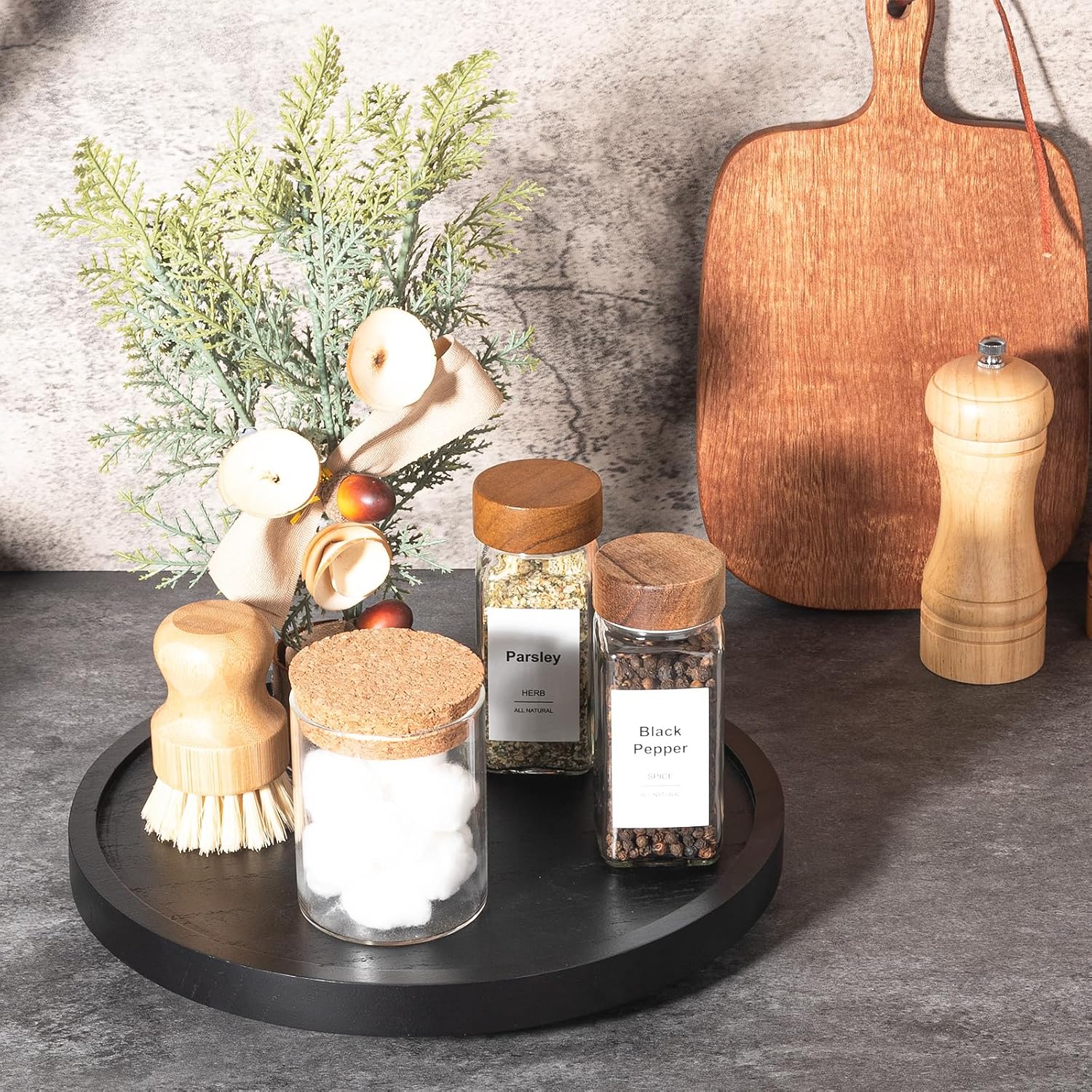 Wood Lazy Susan Organizer Kitchen Turntable for Cabinet Farmhouse Bathroom Decor / Black / Set of 10