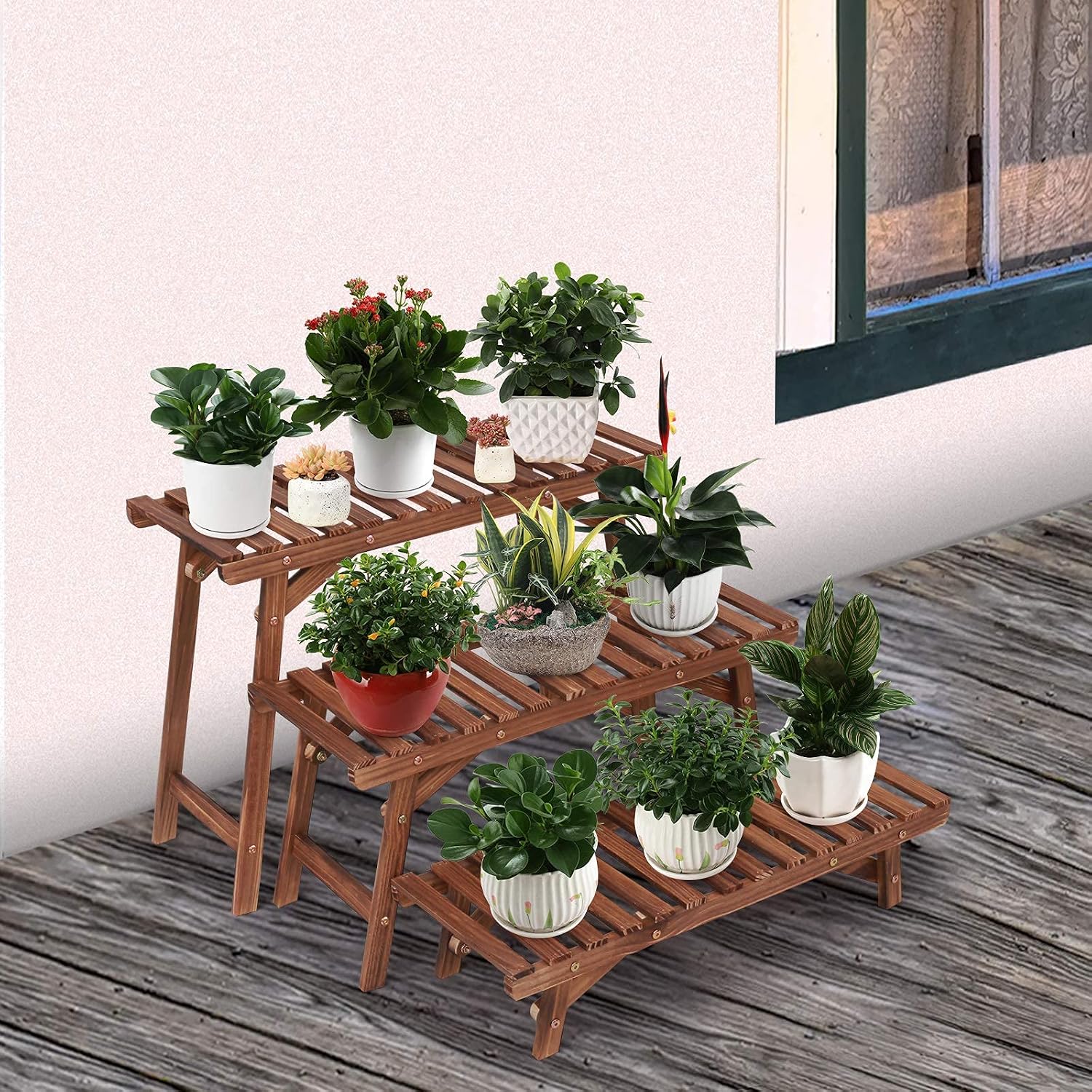 Ufine 3 Tier Ladder Plant Shelf Wood Plant Stand for Indoor Outdoor | Set of 3 Freestanding Plant Display Rack Flower