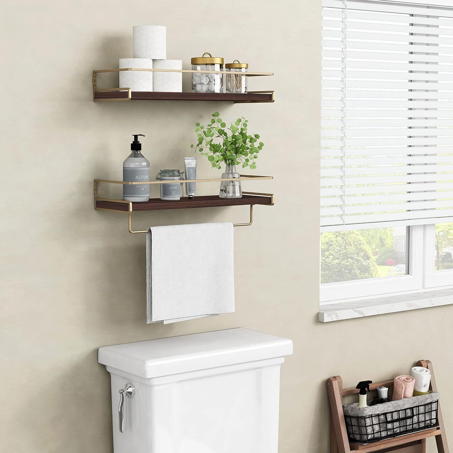 Floating Shelves Bathroom Shelves Over Toilet Set of 2, Bathroom Wall Shelves with Towel Bar, Wall Mounted Vanity Shelf